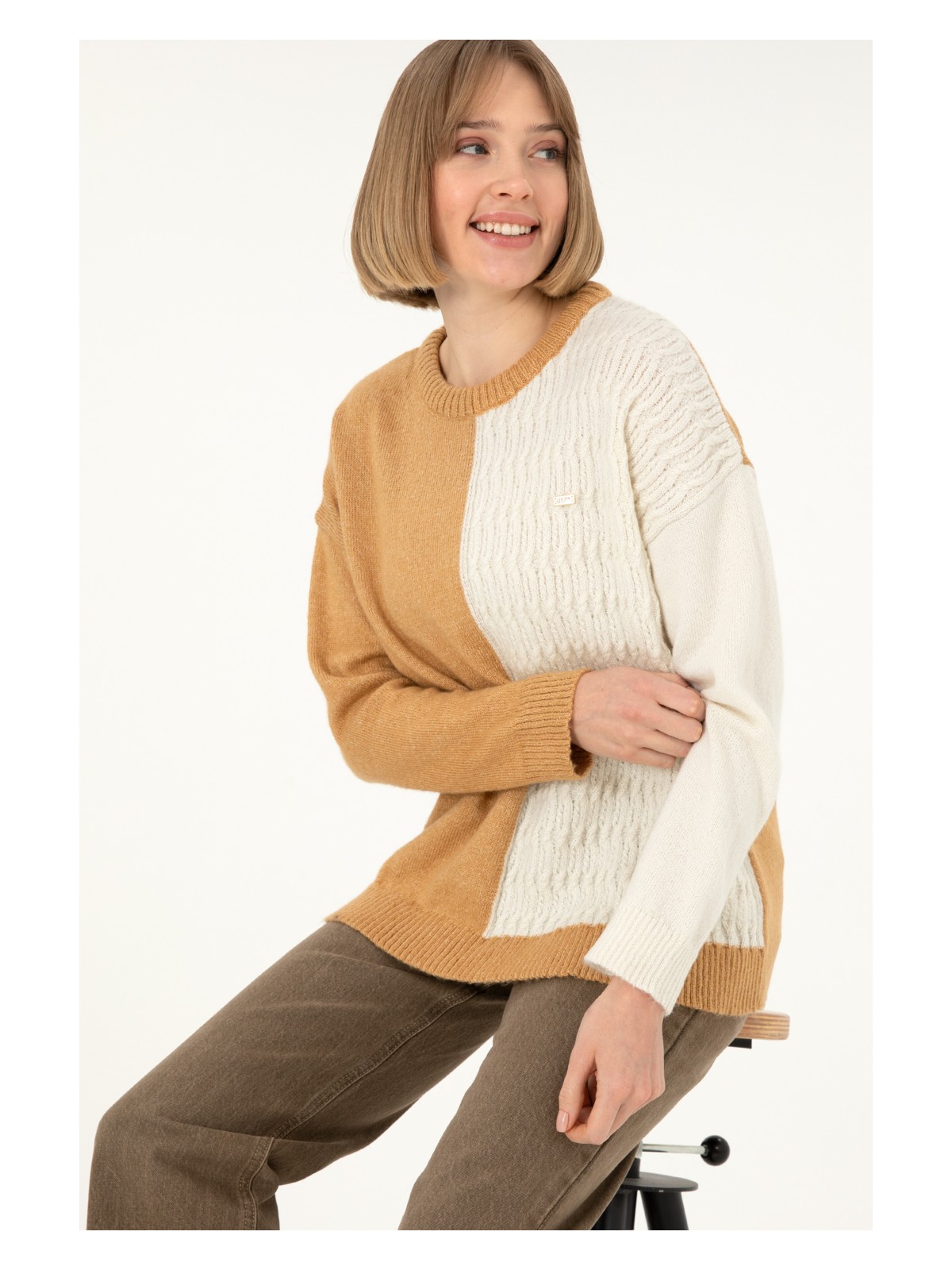 U.S. Polo Assn. Kadın Camel Melanj Bisiklet Yaka Kazak 50291624-VR122