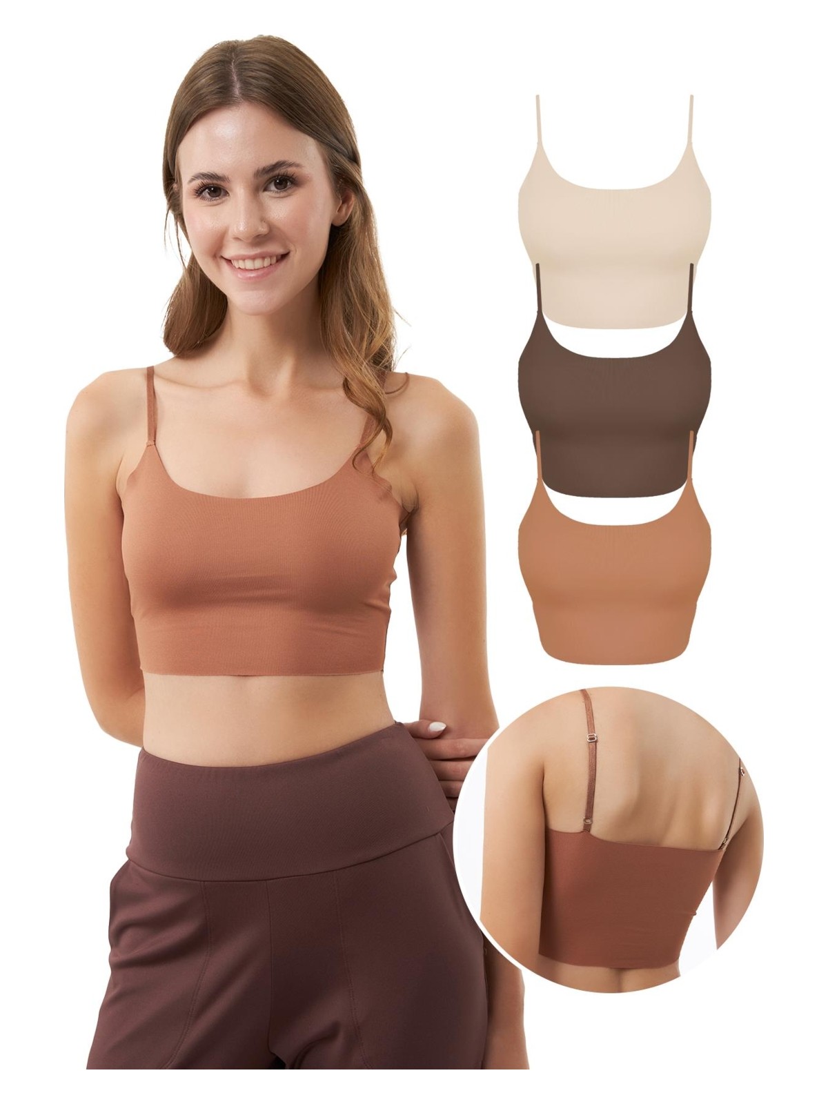 Cottonhill Ayarlanabilir Ince Askılı Lazer Kesim Crop Büstiyer 3'lü Paket-7