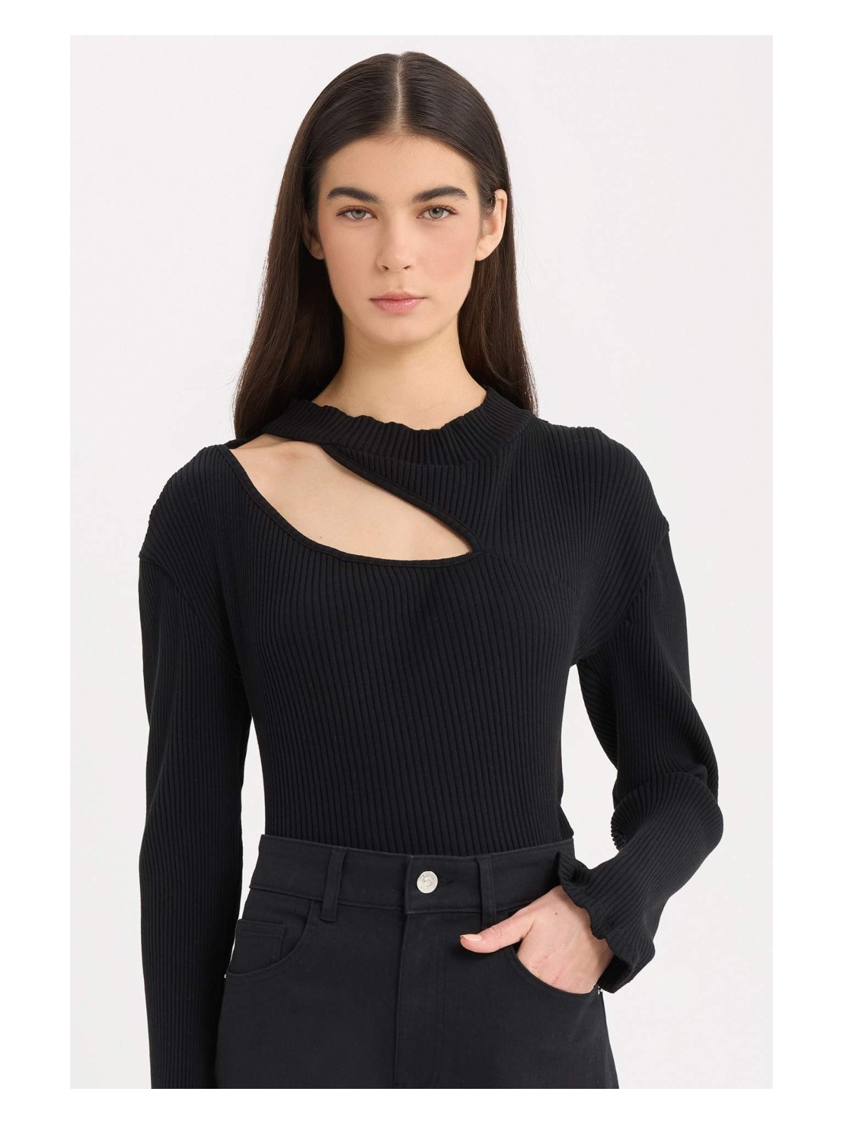 DeFacto Slim Fit Dar Kesim Yarım Balıkçı Yaka Basic Düz Fitilli Kaşkorse Uzun Kollu Tişört C8473AX24AU