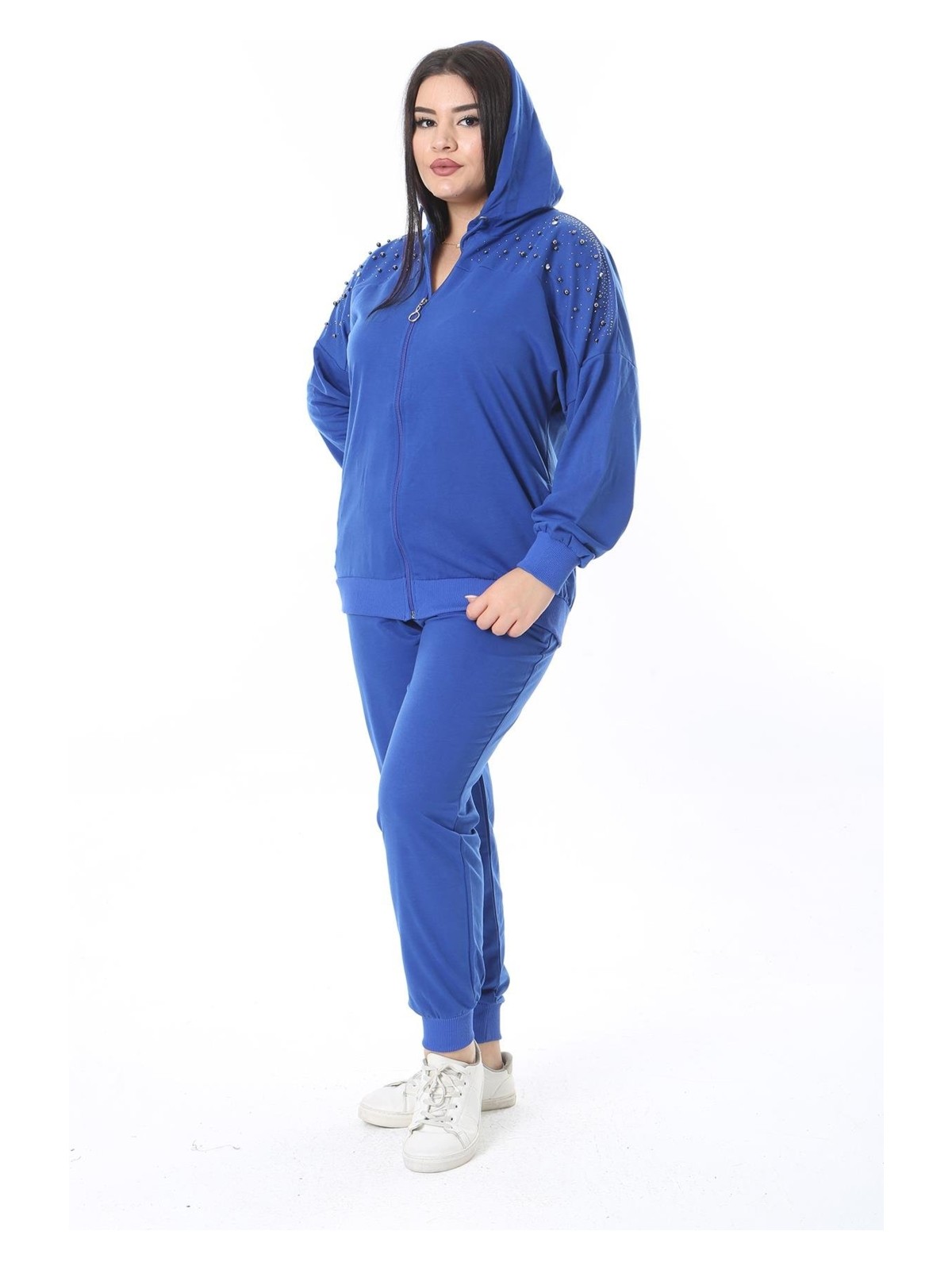 Şans Kadın Siyah Ön Fermuarlı Taş Detaylı Kapşonlu Sweatshirt Pantolon Takım - Görsel 4