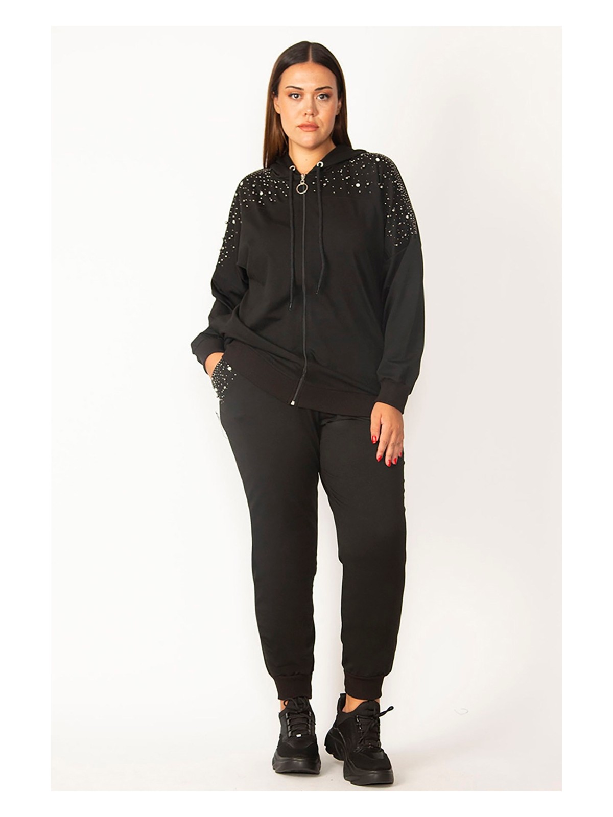 Şans Kadın Büyük Beden Saks Ön Fermuarlı Taş Detaylı Kapşonlu Sweatshirt Pantolon Ikili Takım 26A28091 - Görsel 3