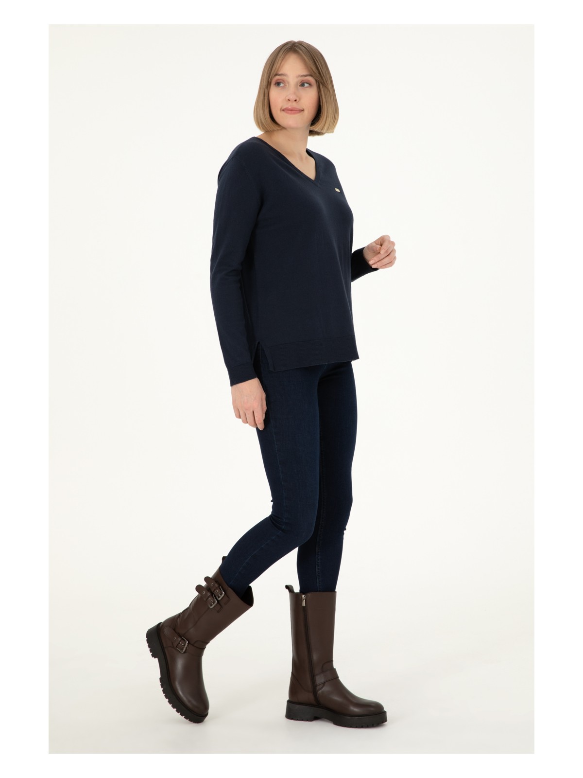 U.S. Polo Assn. Kadın Lacivert V Yaka Basic Kazak 50288973-VR033 - Görsel 4