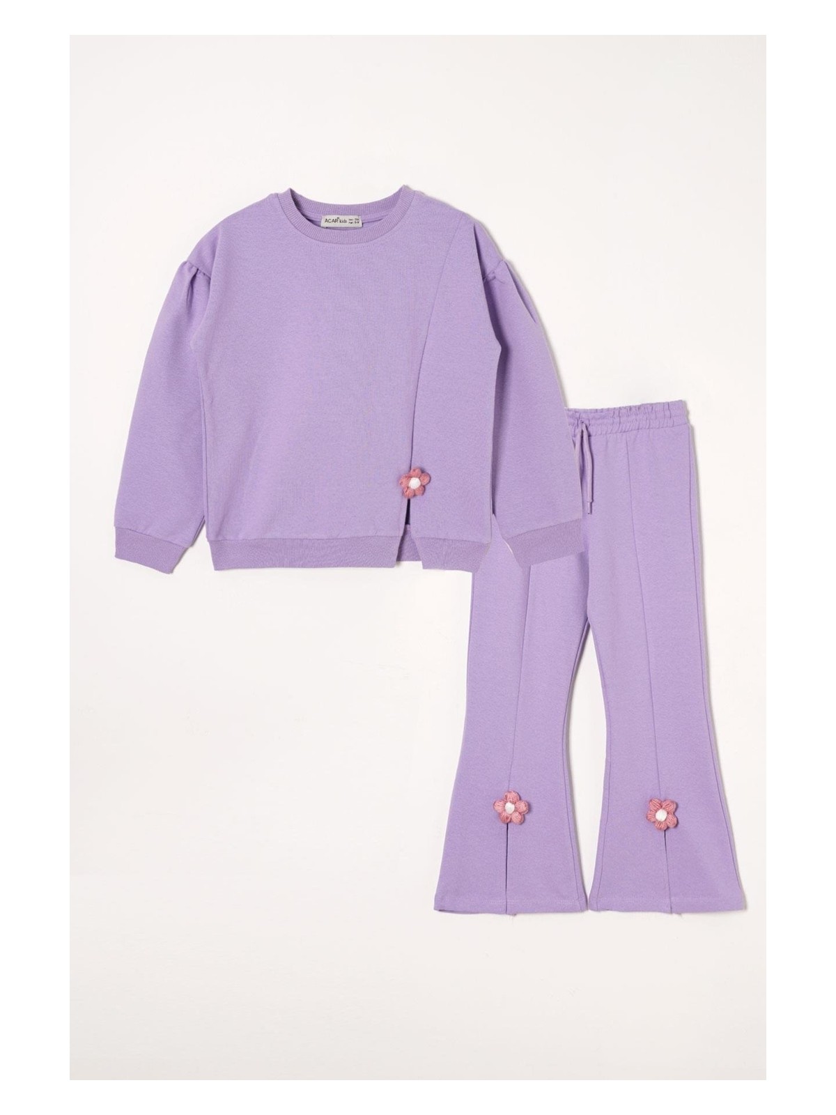 Zepkids Bisiklet Yaka Uzun Kol Yırtmaçta Papatya Detaylı Uzun Kollu Lila Renk Kız Çocuk Eşofman Takımı