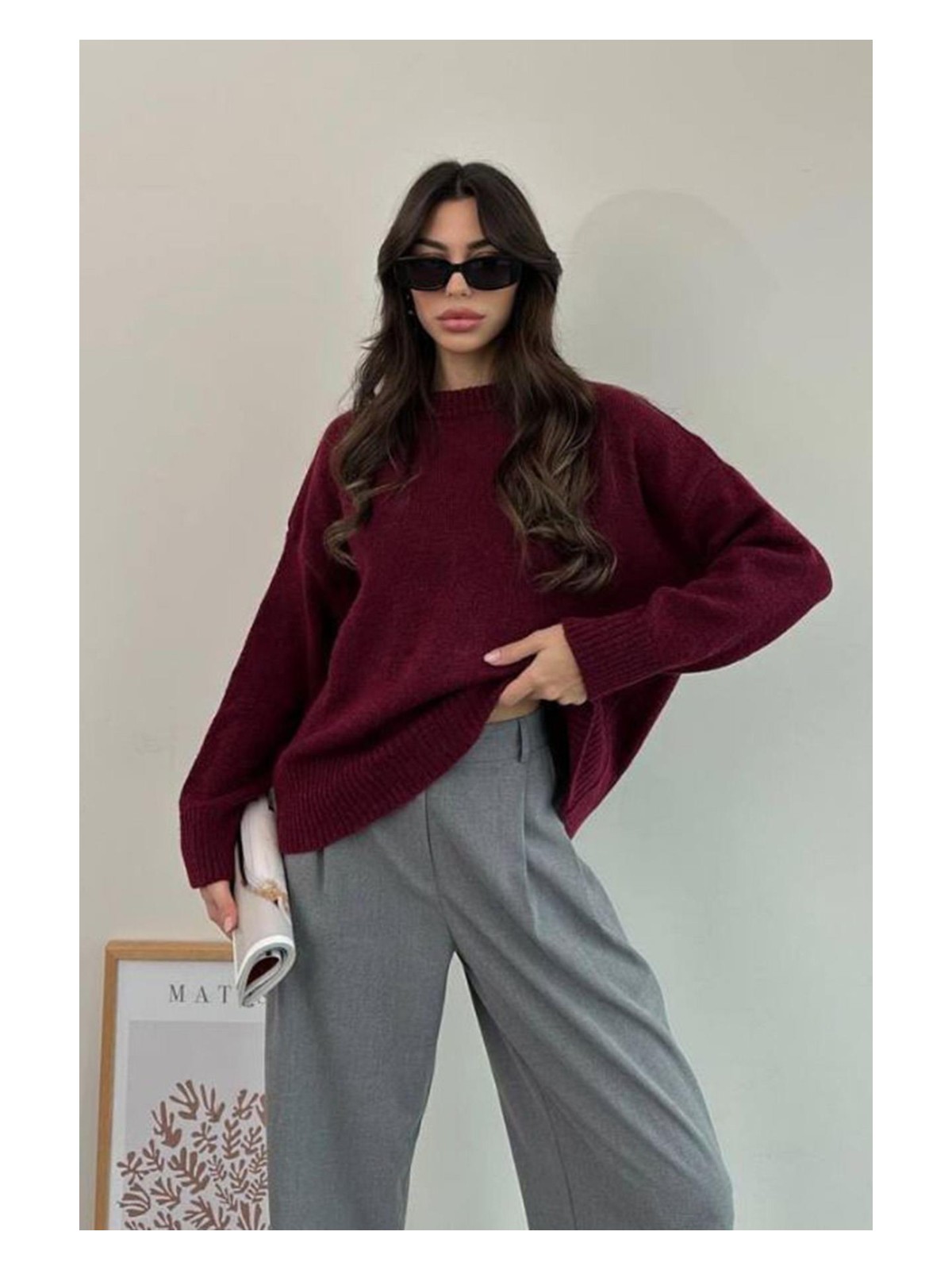 Madmext Bordo Bisiklet Yaka Oversize Triko Kazak MG1972