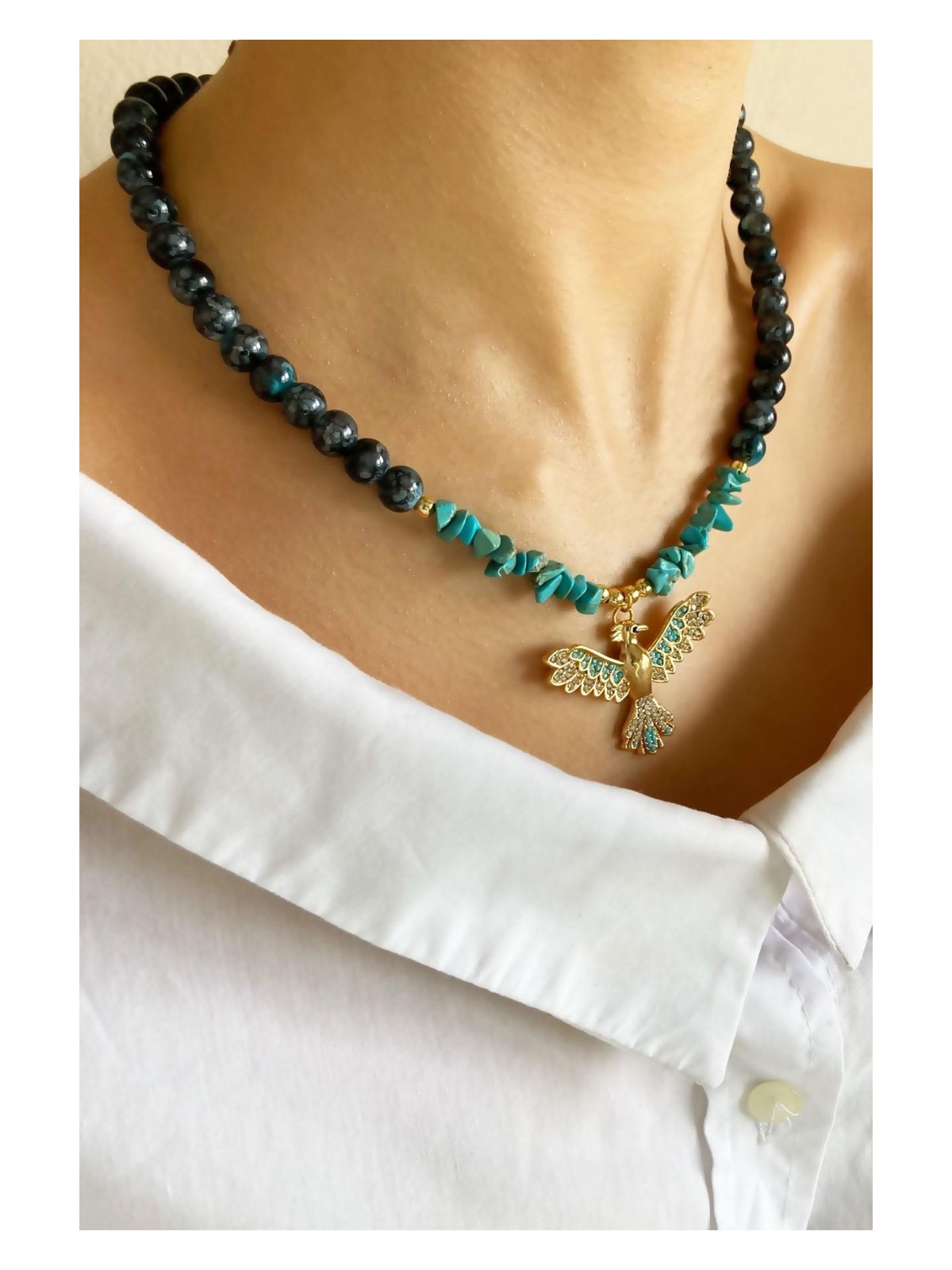 Sose Moda Burç Madalyon Uçlu Kristal Cam Boncuk Doğal Taş Kolye - Turuncu - Görsel 4