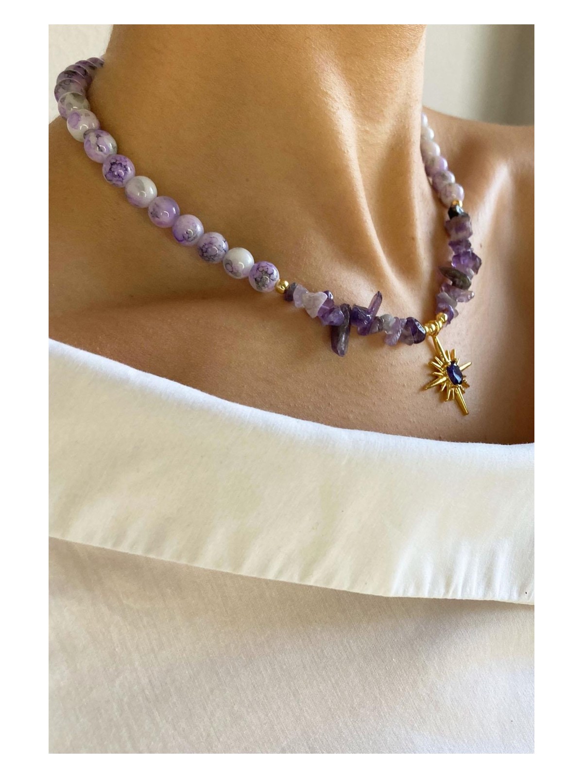 Sose Moda Burç Madalyon Uçlu Kristal Cam Boncuk Doğal Taş Kolye - Turuncu - Görsel 5