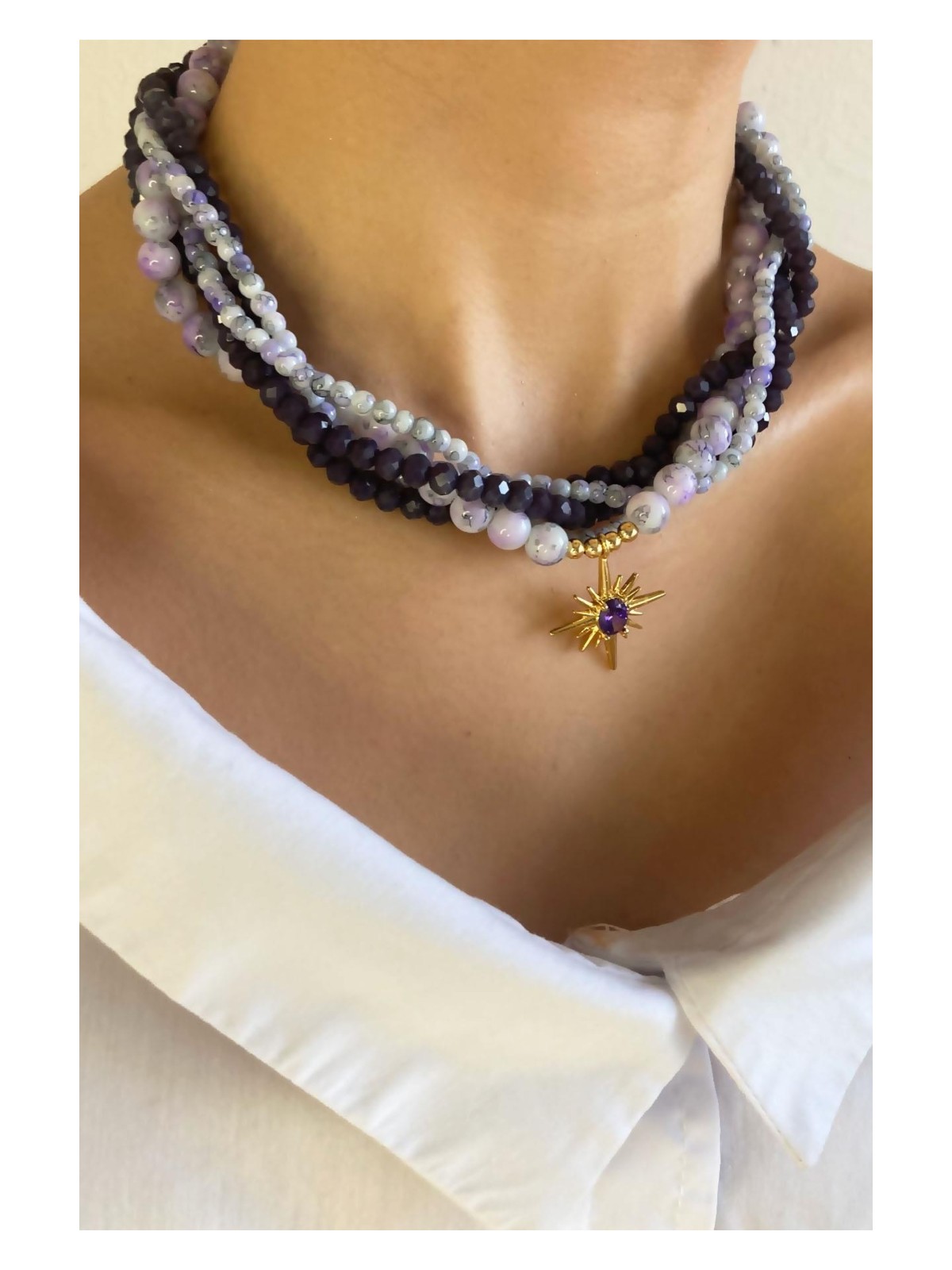 Sose Moda Burç Madalyon Uçlu Kristal Cam Boncuk Doğal Taş Kolye - Turuncu - Görsel 8