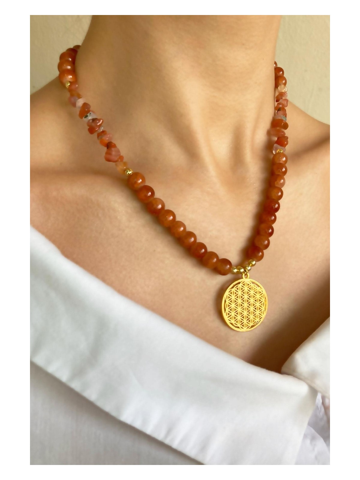 Sose Moda Burç Madalyon Uçlu Kristal Cam Boncuk Doğal Taş Kolye - Turuncu - Görsel 7