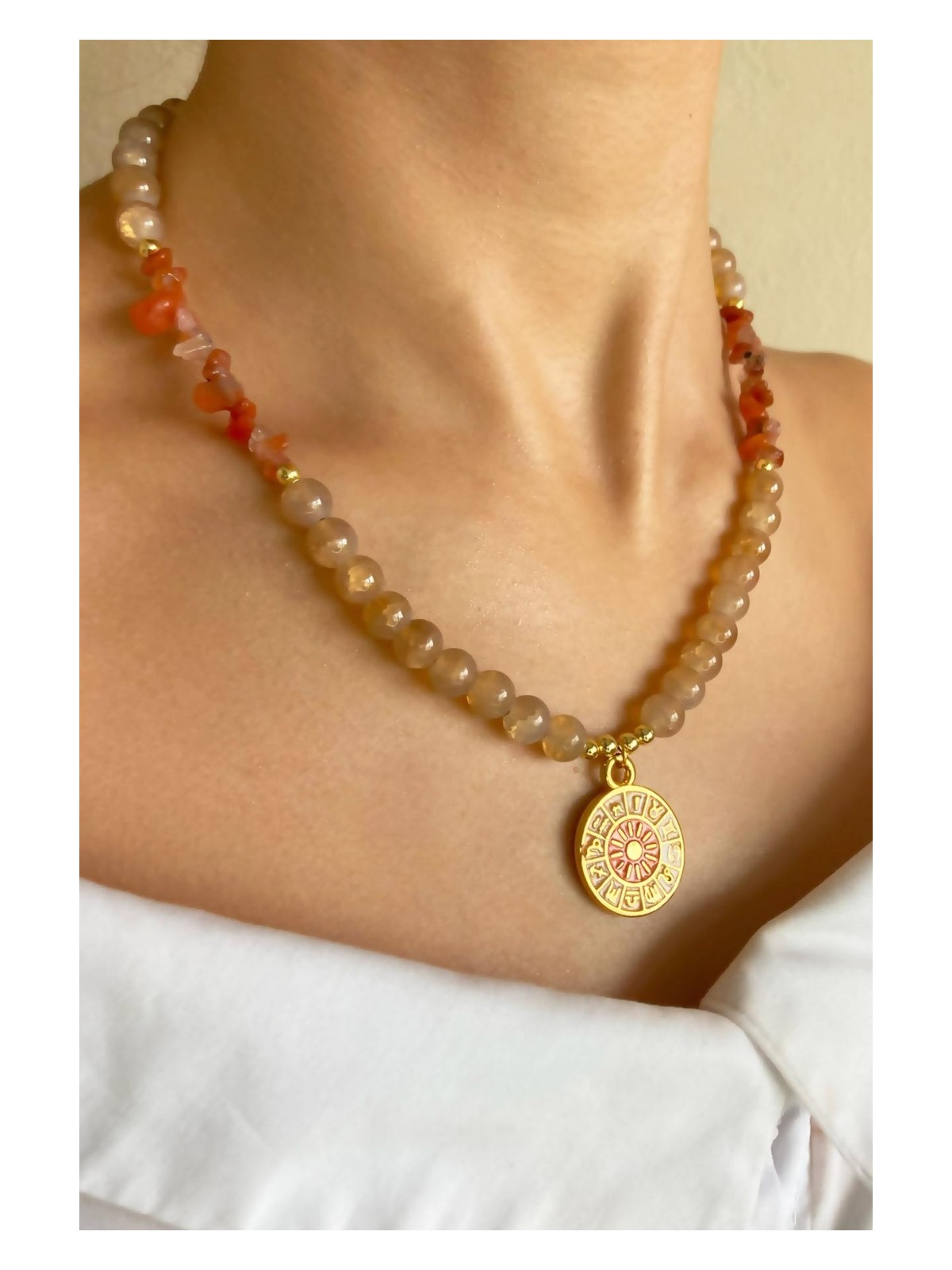 Sose Moda Burç Madalyon Uçlu Kristal Cam Boncuk Doğal Taş Kolye - Turuncu