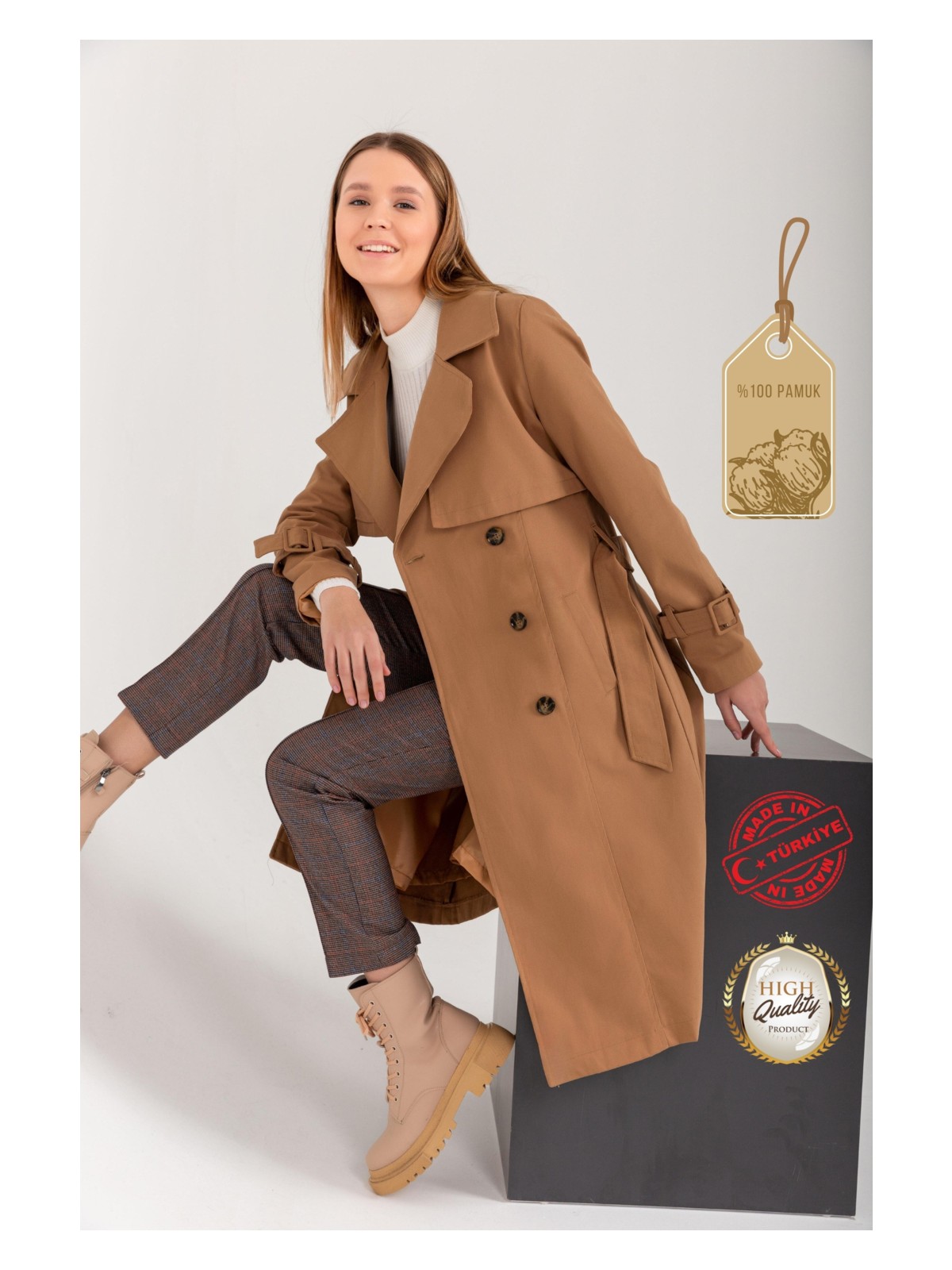 Pastelastore Pamuk Gabardin Uzun (110CM) Astarlı Kemerli Kadın Trençkot 1111 - Görsel 3