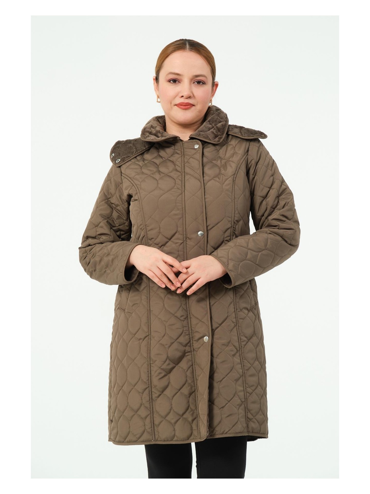 Ahunaz Büyük Beden Içi Tüylü Kapüşonlu Kapitone Mont