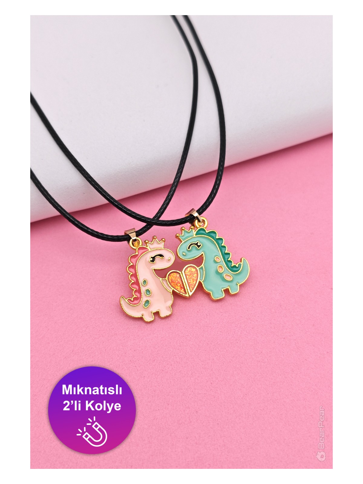 Bear & Pear 2'li Mıknatıslı Kolye Dinozor ve Kalpli Arkadaşlık Kolyesi