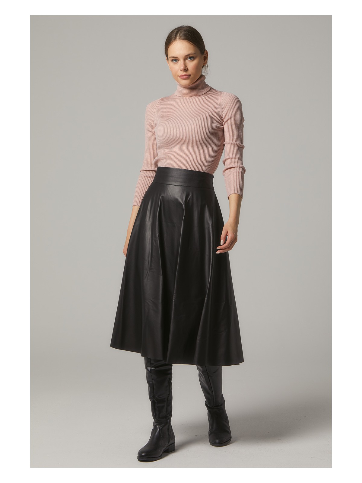 Soralline Kadın Suni Deri Kloş Etek 783 Siyah 75 cm Boyunda