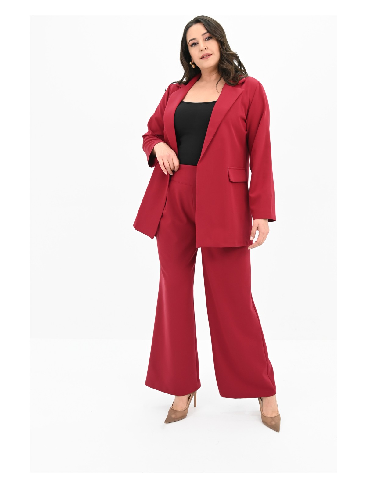 Koza Butik Kadın Büyük Beden Geniş Paça Ceket Pantolon Takım 9008-25