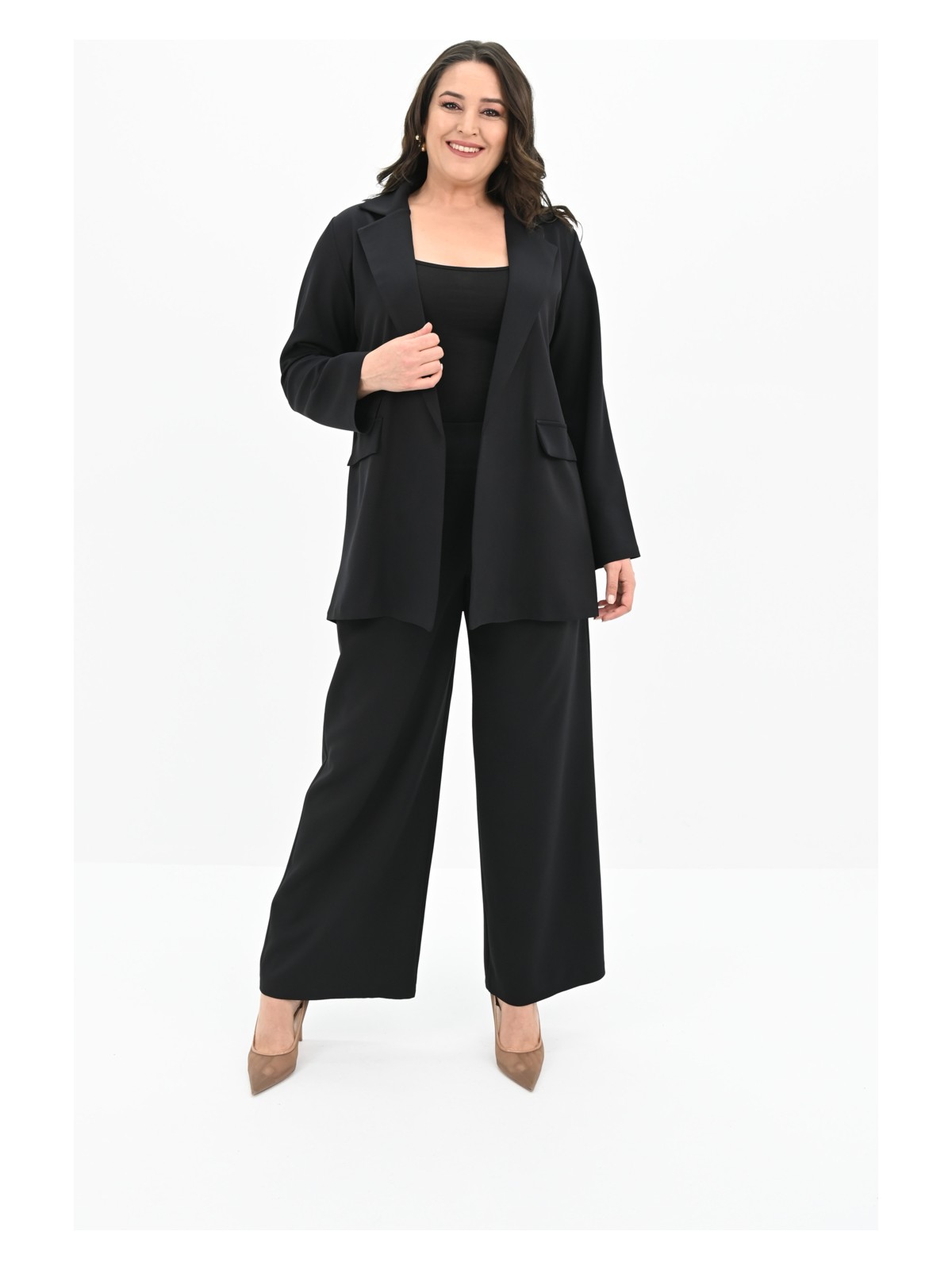 Koza Butik Kadın Büyük Beden Geniş Paça Ceket Pantolon Takım 9008-25