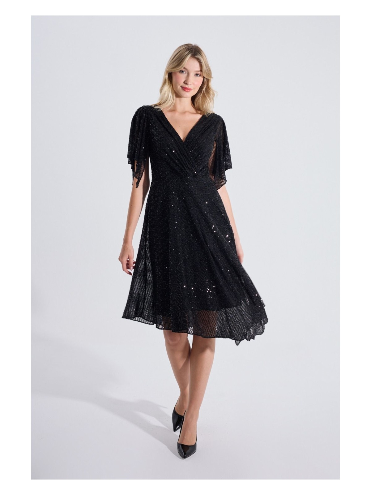 HOX'S Angel | Payetli Midi Kloş Abiye Elbise Kruvaze Yaka Mendil Kol Asimetrik Etek - Bej - Görsel 5