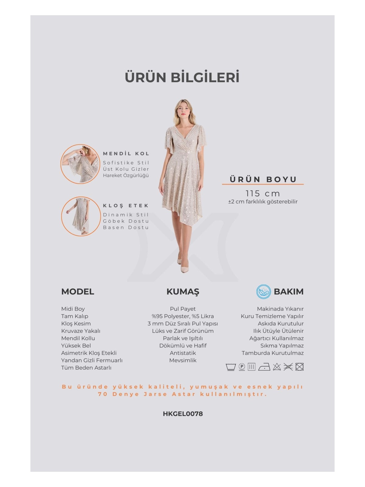HOX'S Angel | Payetli Midi Kloş Abiye Elbise Kruvaze Yaka Mendil Kol Asimetrik Etek - Siyah - Görsel 6