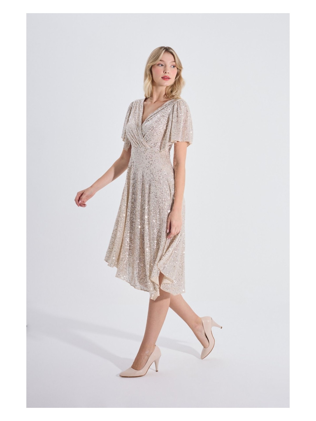 HOX'S Angel | Payetli Midi Kloş Abiye Elbise Kruvaze Yaka Mendil Kol Asimetrik Etek - Bej