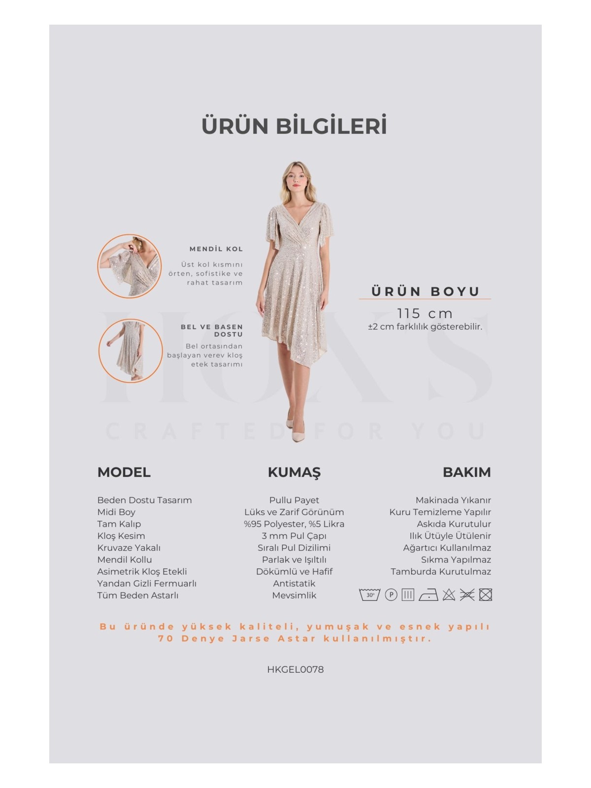 HOX'S Angel | Payetli Midi Kloş Abiye Elbise Kruvaze Yaka Mendil Kol Asimetrik Etek - Bej - Görsel 6