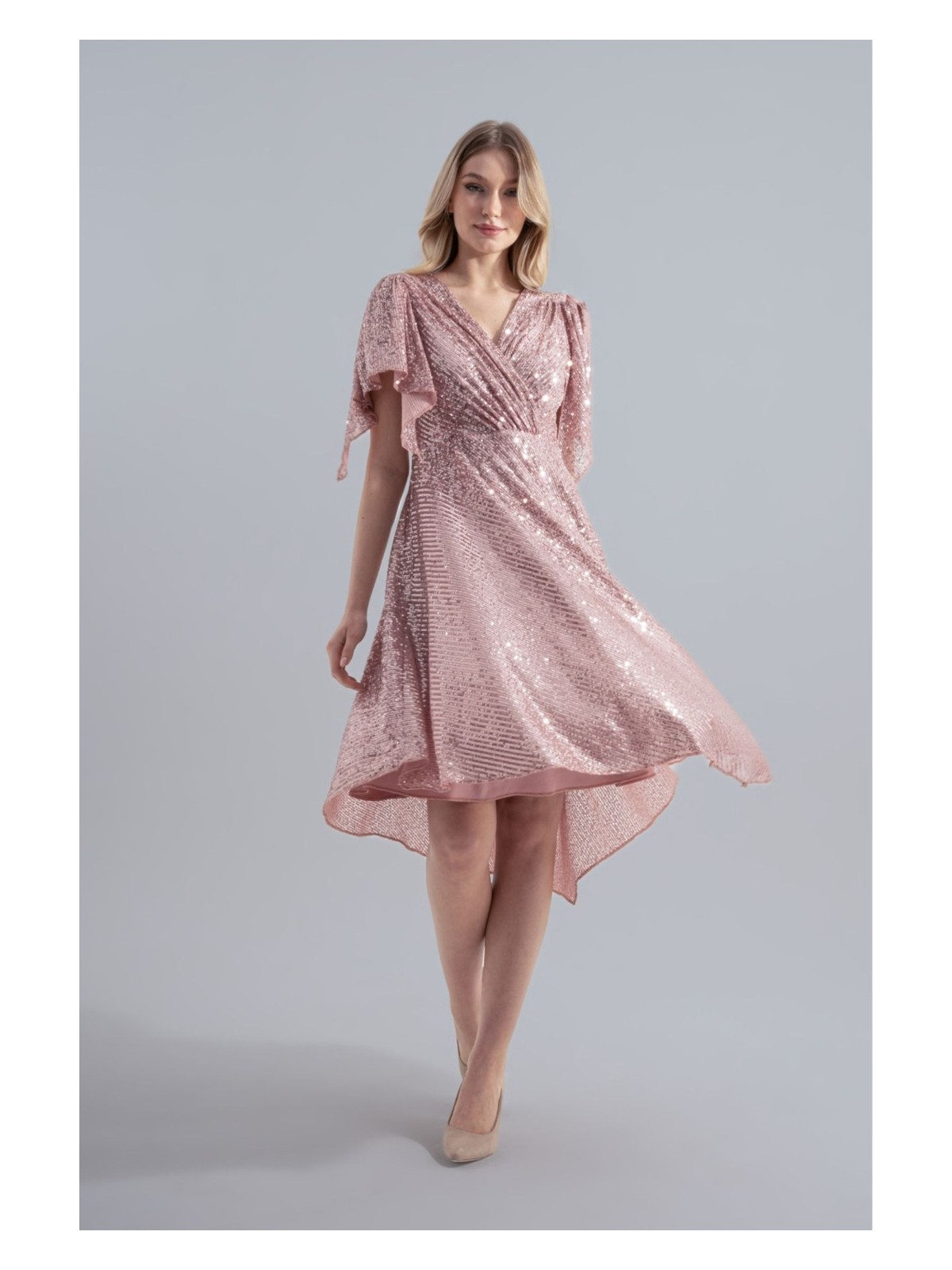 HOX'S Angel | Payetli Midi Kloş Abiye Elbise Kruvaze Yaka Mendil Kol Asimetrik Etek - Bej - Görsel 3