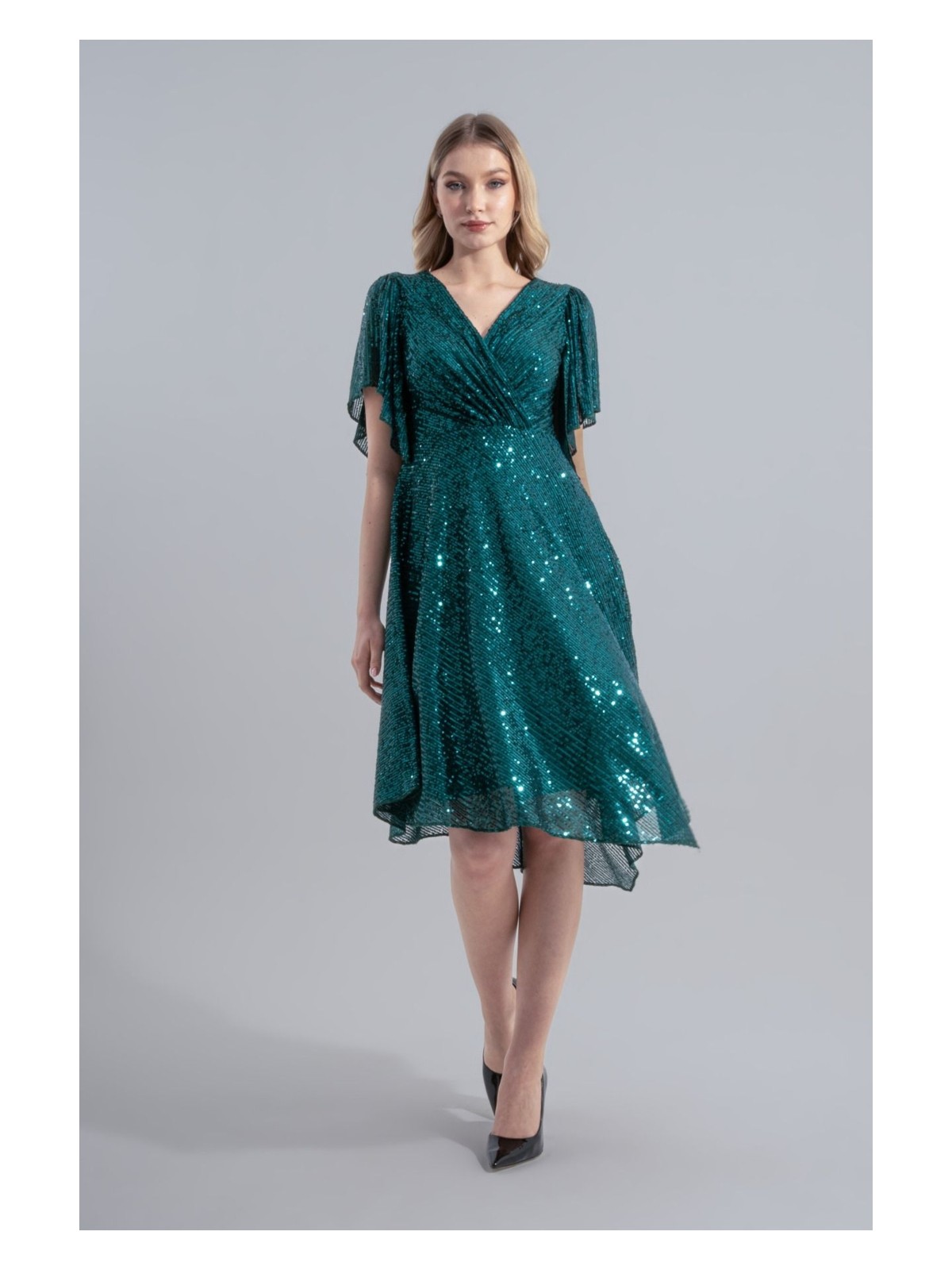 HOX'S Angel | Payetli Midi Kloş Abiye Elbise Kruvaze Yaka Mendil Kol Asimetrik Etek - Bej - Görsel 7