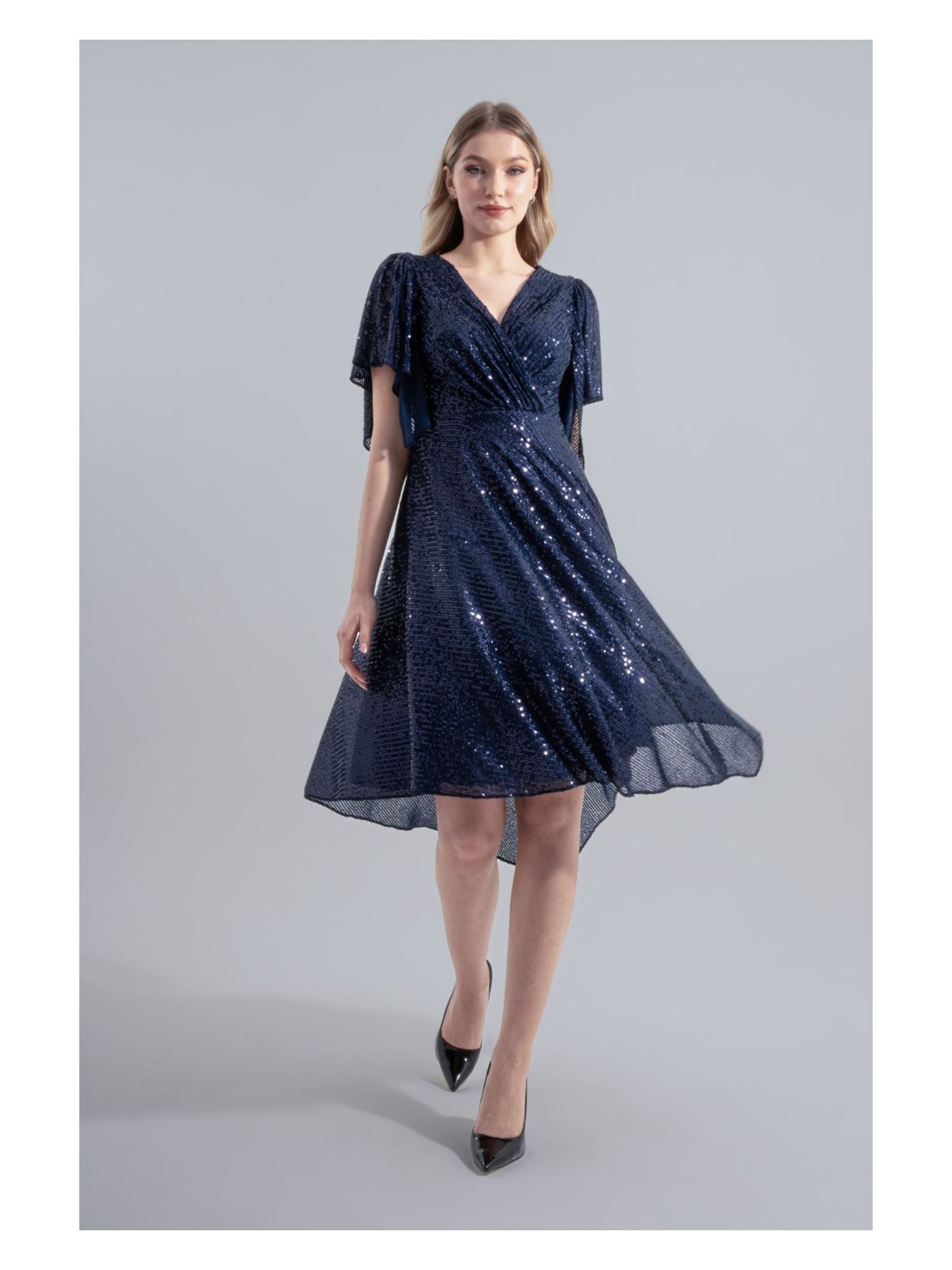 HOX'S Angel | Payetli Midi Kloş Abiye Elbise Kruvaze Yaka Mendil Kol Asimetrik Etek - Bej - Görsel 6