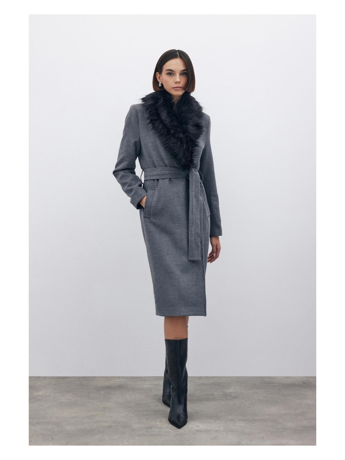 Sateen Kürklü Kaşe Kaban - Gri - Görsel 4