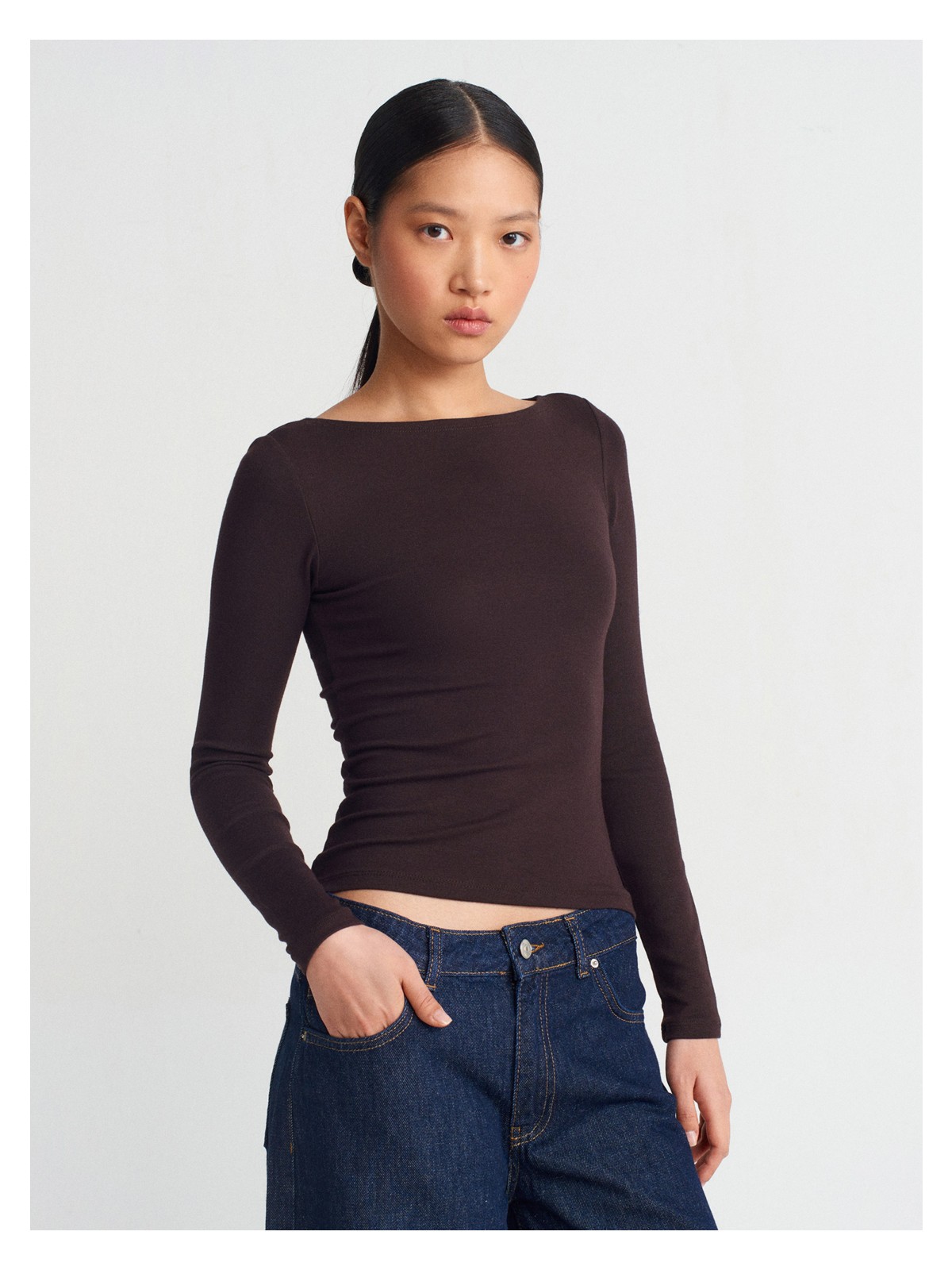 Dilvin 31332 Kayık Yaka Uzun Kollu Top-Beyaz - Görsel 5