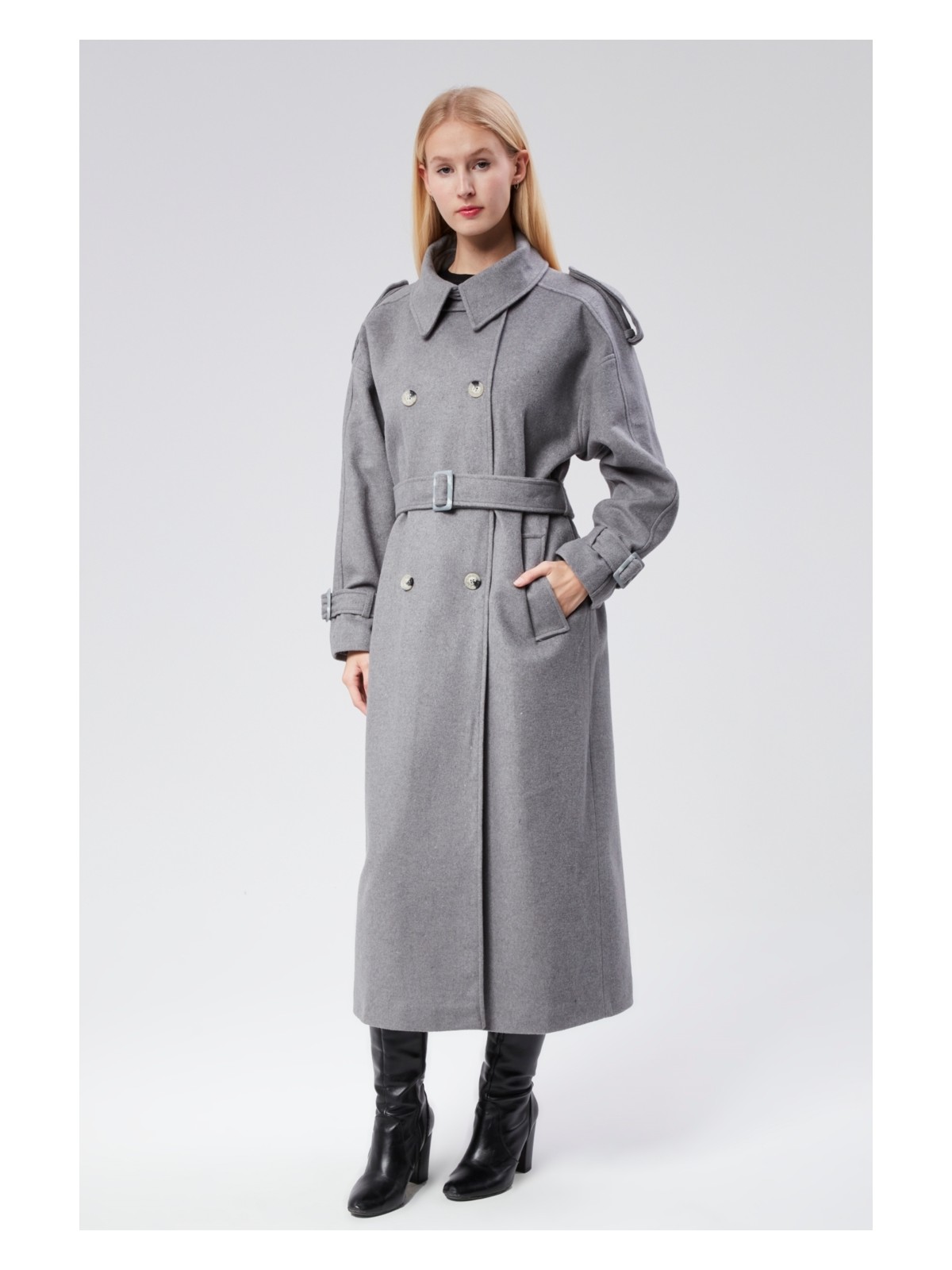 Bolivente Kuşaklı Oversize Kaşe Kaban