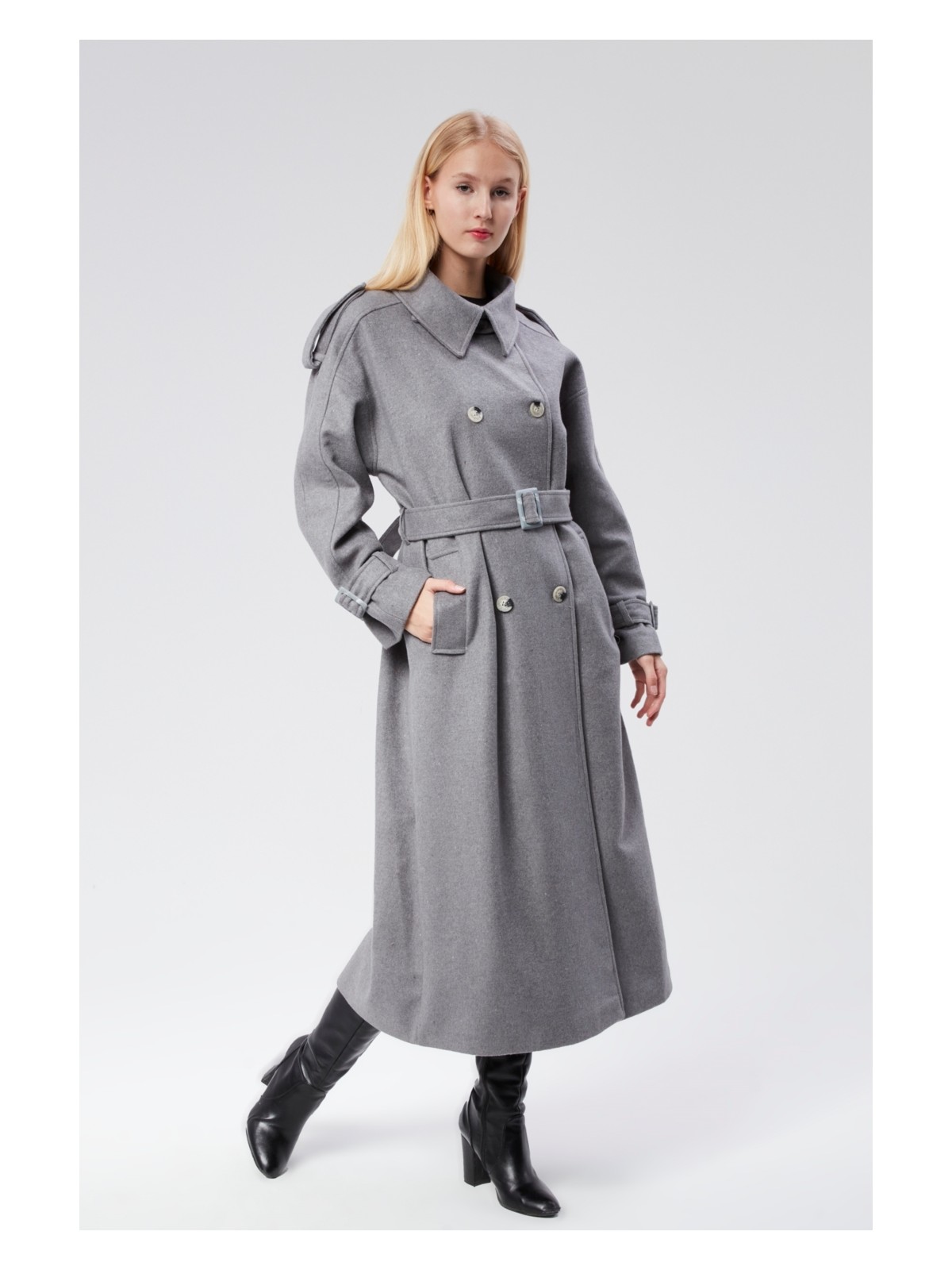 Bolivente Kuşaklı Oversize Kaşe Kaban - Görsel 4