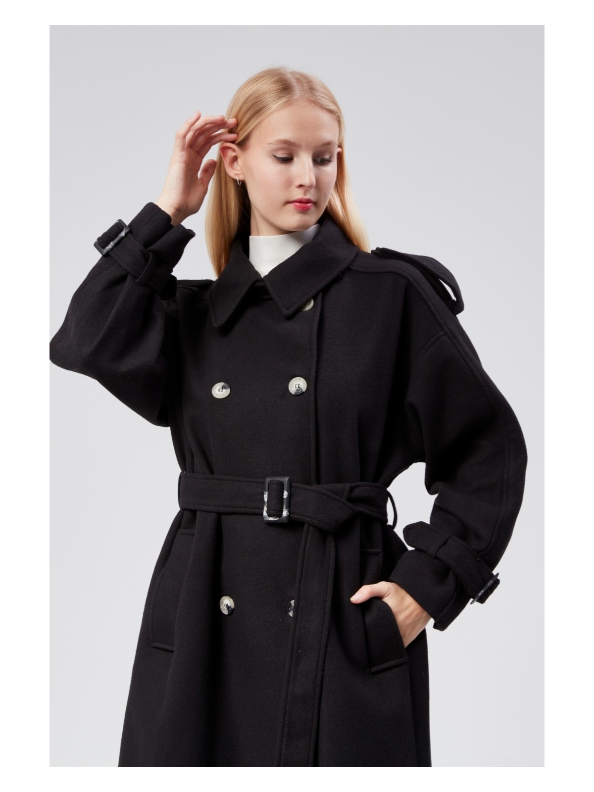 Bolivente Kuşaklı Oversize Kaşe Kaban - Görsel 2