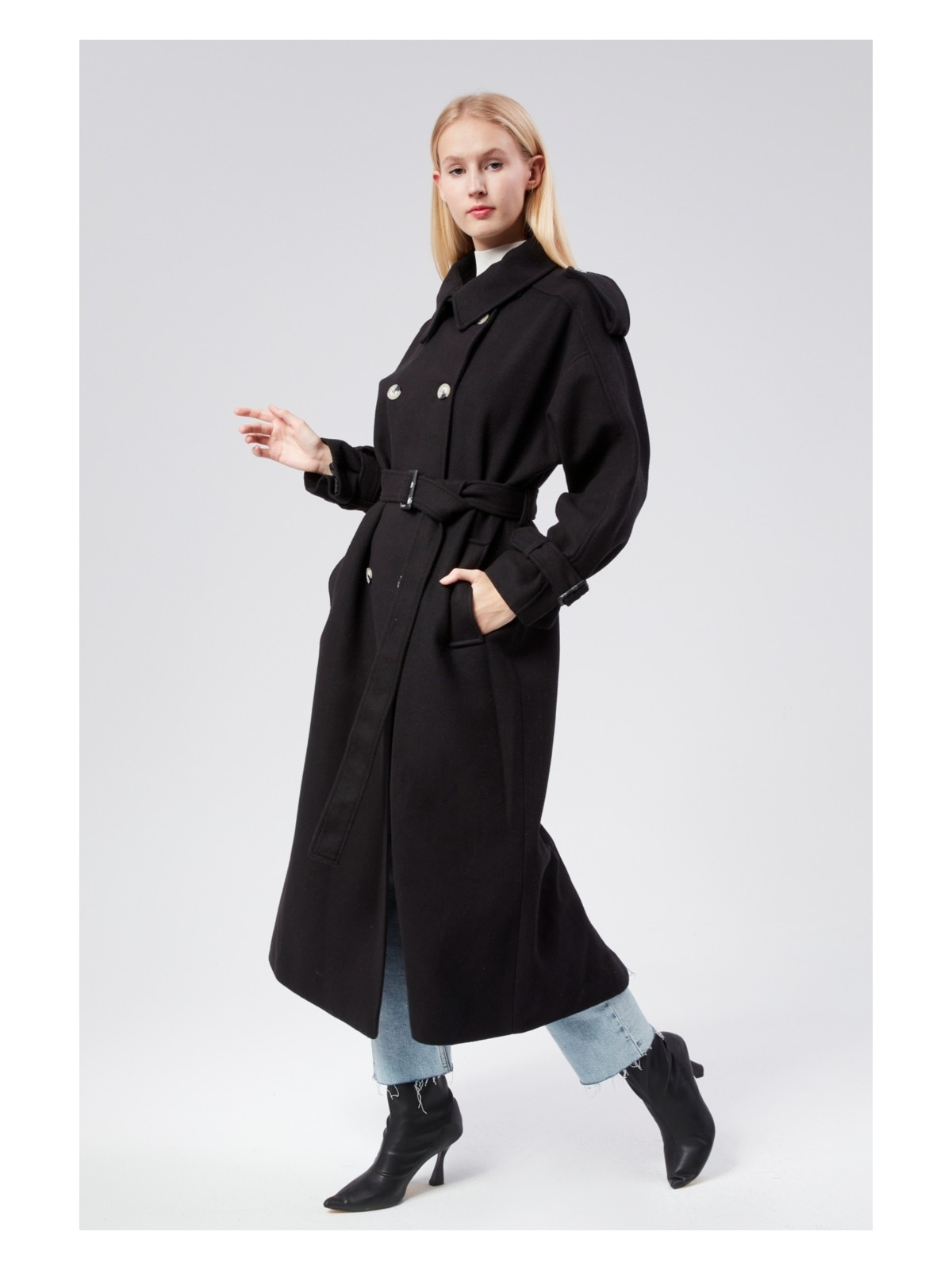 Bolivente Kuşaklı Oversize Kaşe Kaban - Görsel 3