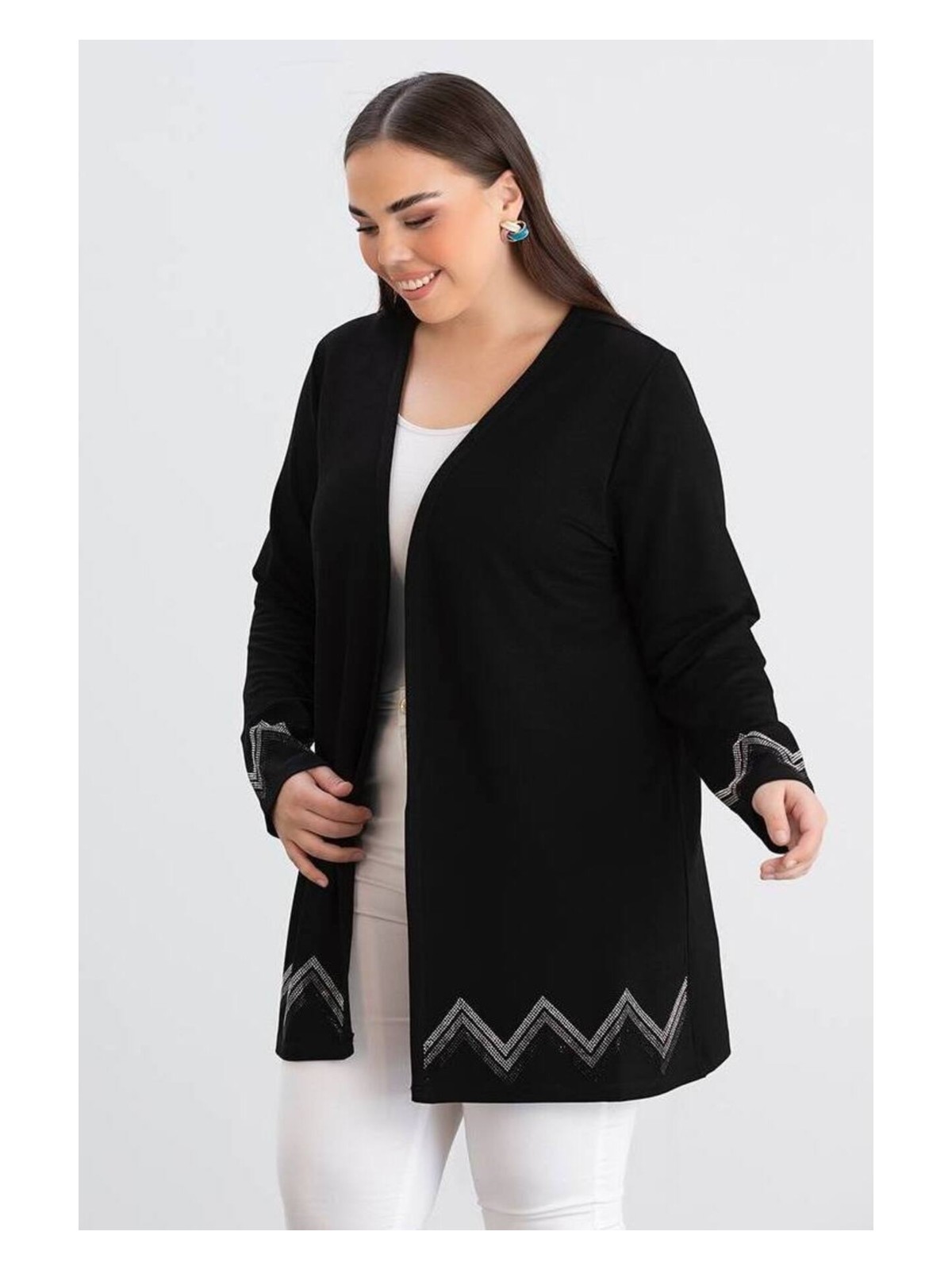 For Esra Big Trend For Esra Bıg Trend Kadın Büyük Beden Kol Etek Ucu Zigzag Taş Detay Ön Açık Esnek Viskon Midi Boy Hırka