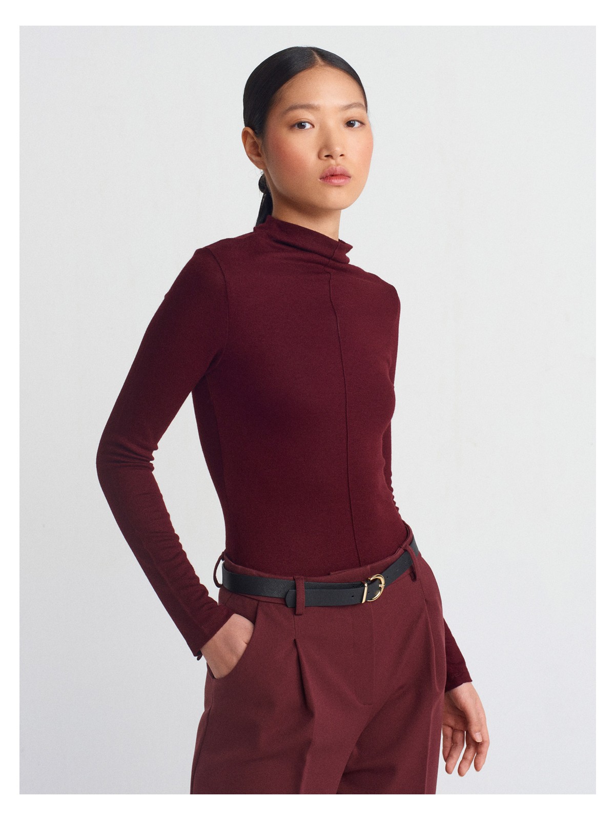 Dilvin 31391 Dik Yaka Uzun Kollu Top-Bordo