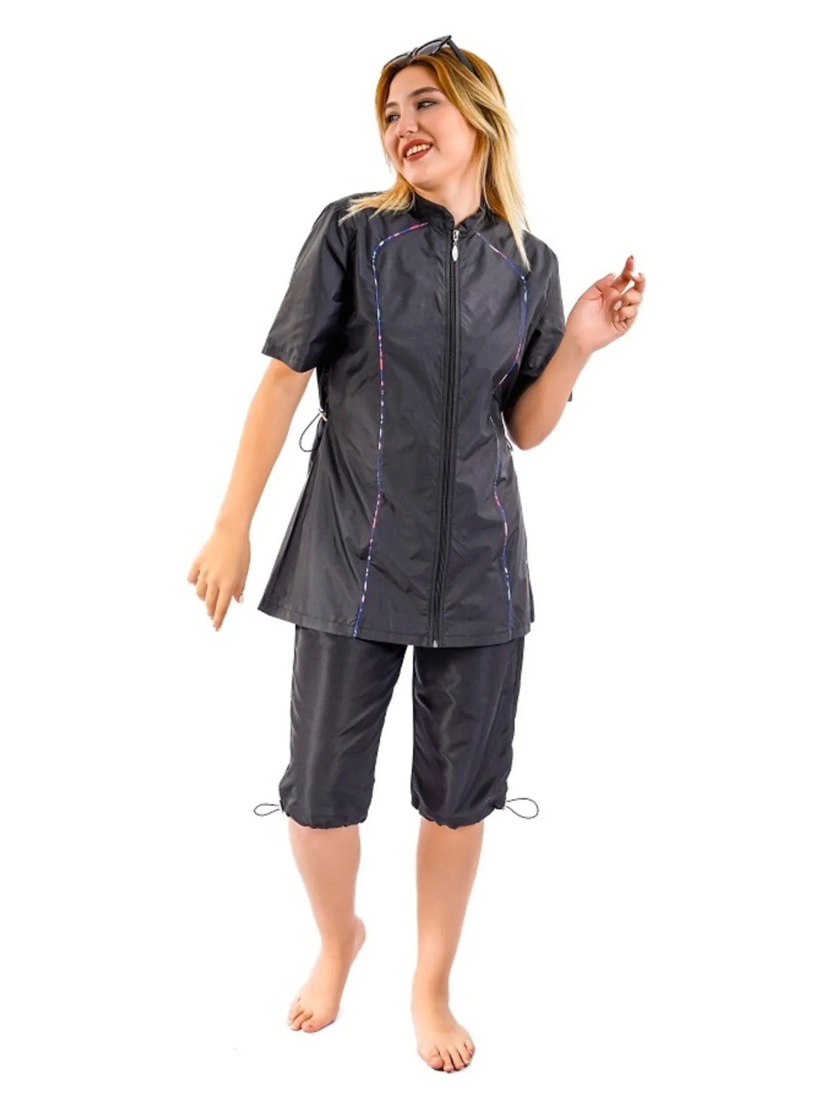 Tesmay Hızlı Kuruyan Paraşüt Kumaş Önden Fermuarlı Kısa Kollu Taytlı Kadın Mayo 2474 - Görsel 4