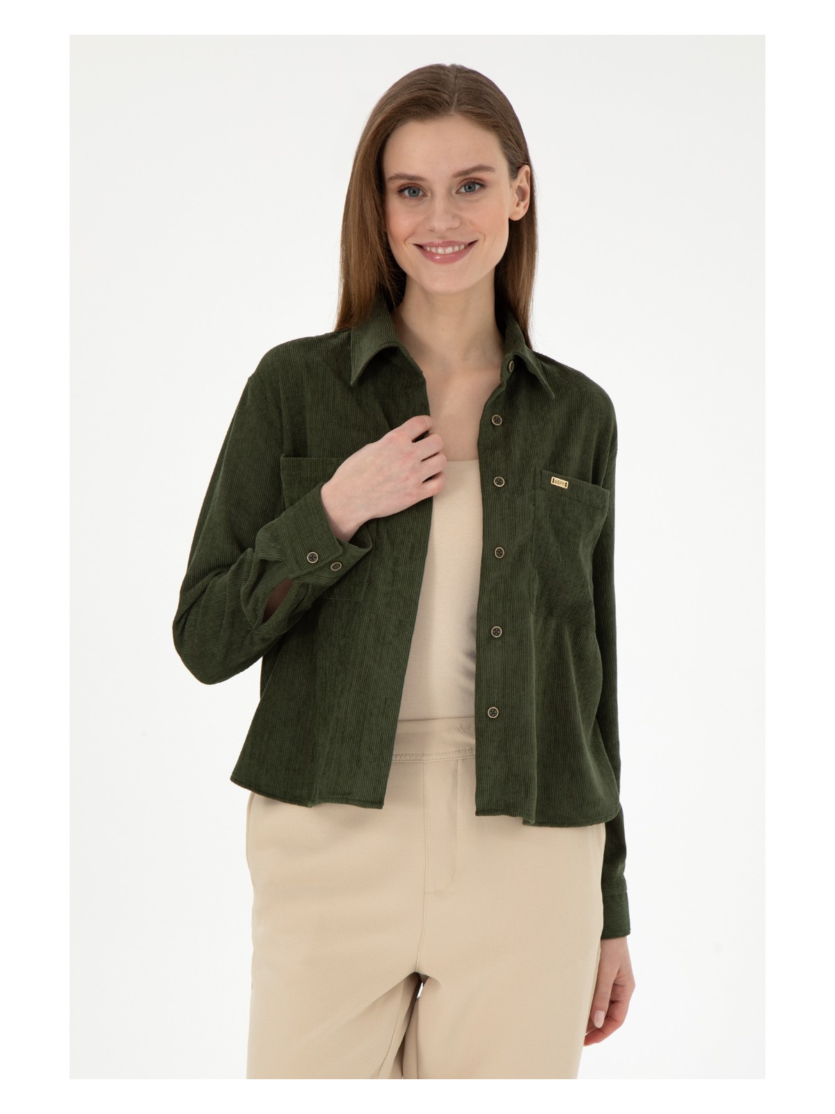 U.S. Polo Assn. Kadın Haki Uzun Kollu Kadife Görünümlü Gömlek 50297013-VR027