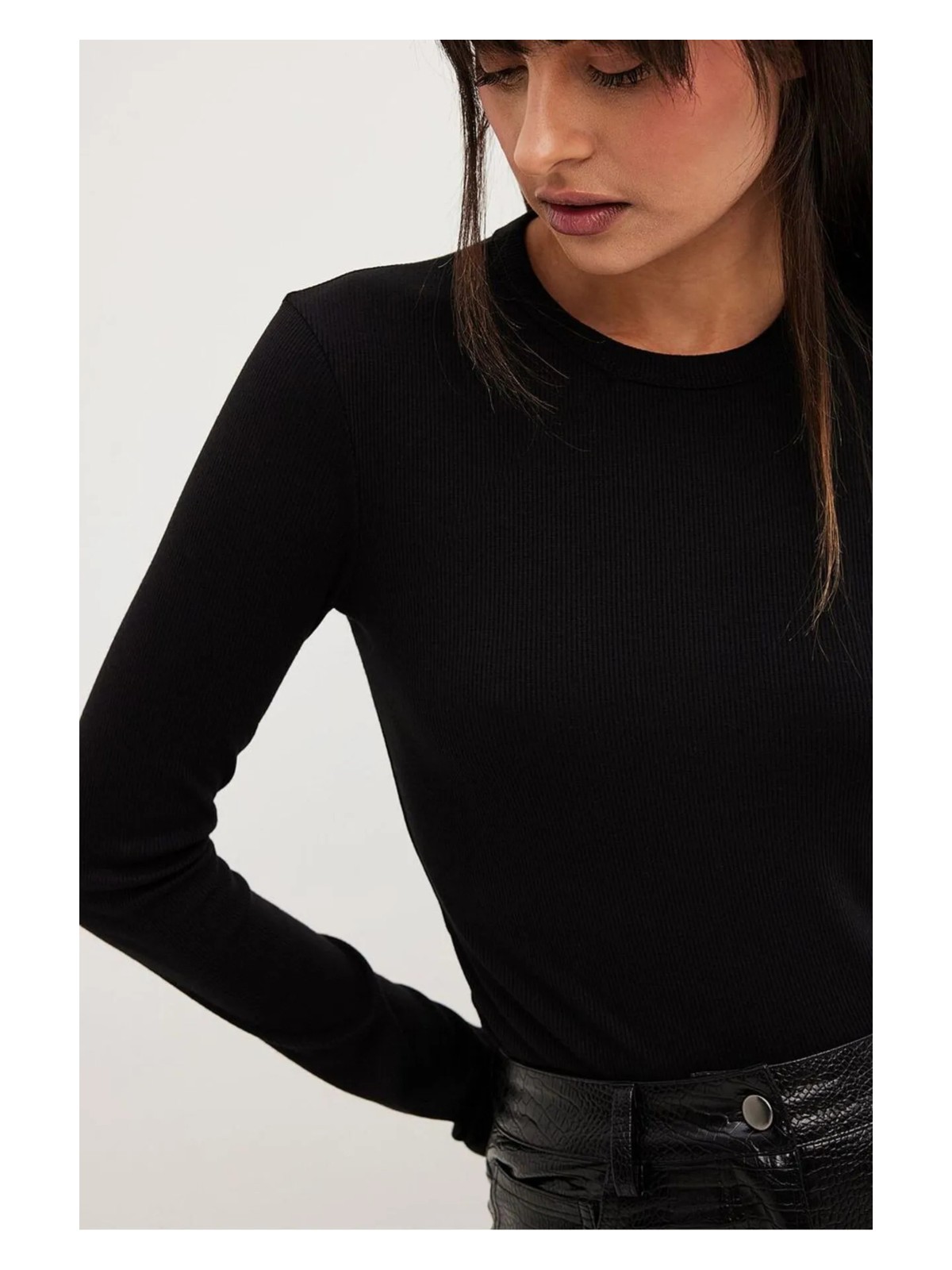 CHEISU Kadın Beyaz Uzun Kollu Bisiklet Yaka T-shirt Bluz Kaşkorse Fitilli - Görsel 3