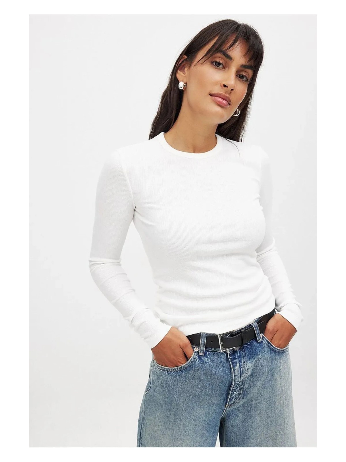 CHEISU Kadın Beyaz Uzun Kollu Bisiklet Yaka T-shirt Bluz Kaşkorse Fitilli