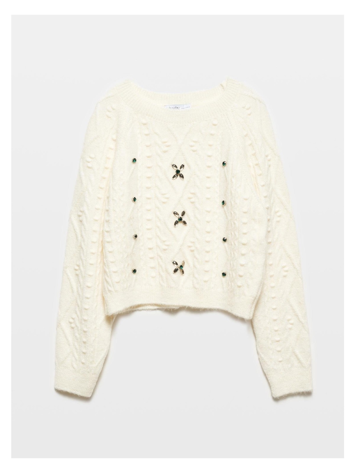 Dilvin 10462 Bisiklet Yaka Önü Taş Işlemeli Kazak-Ekru - Görsel 4