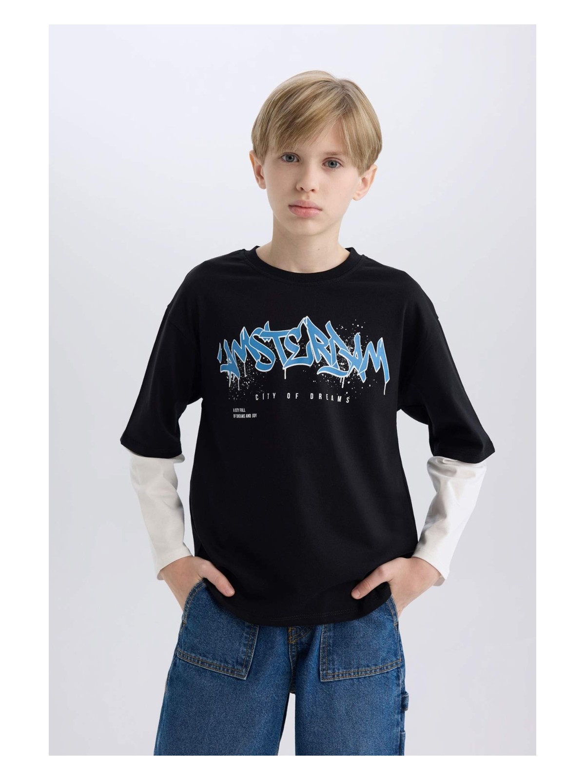 DeFacto Oversize Geniş Kalıp Bisiklet Yaka Baskılı Uzun Kollu Tişört Erkek Çocuk D7701A825SP