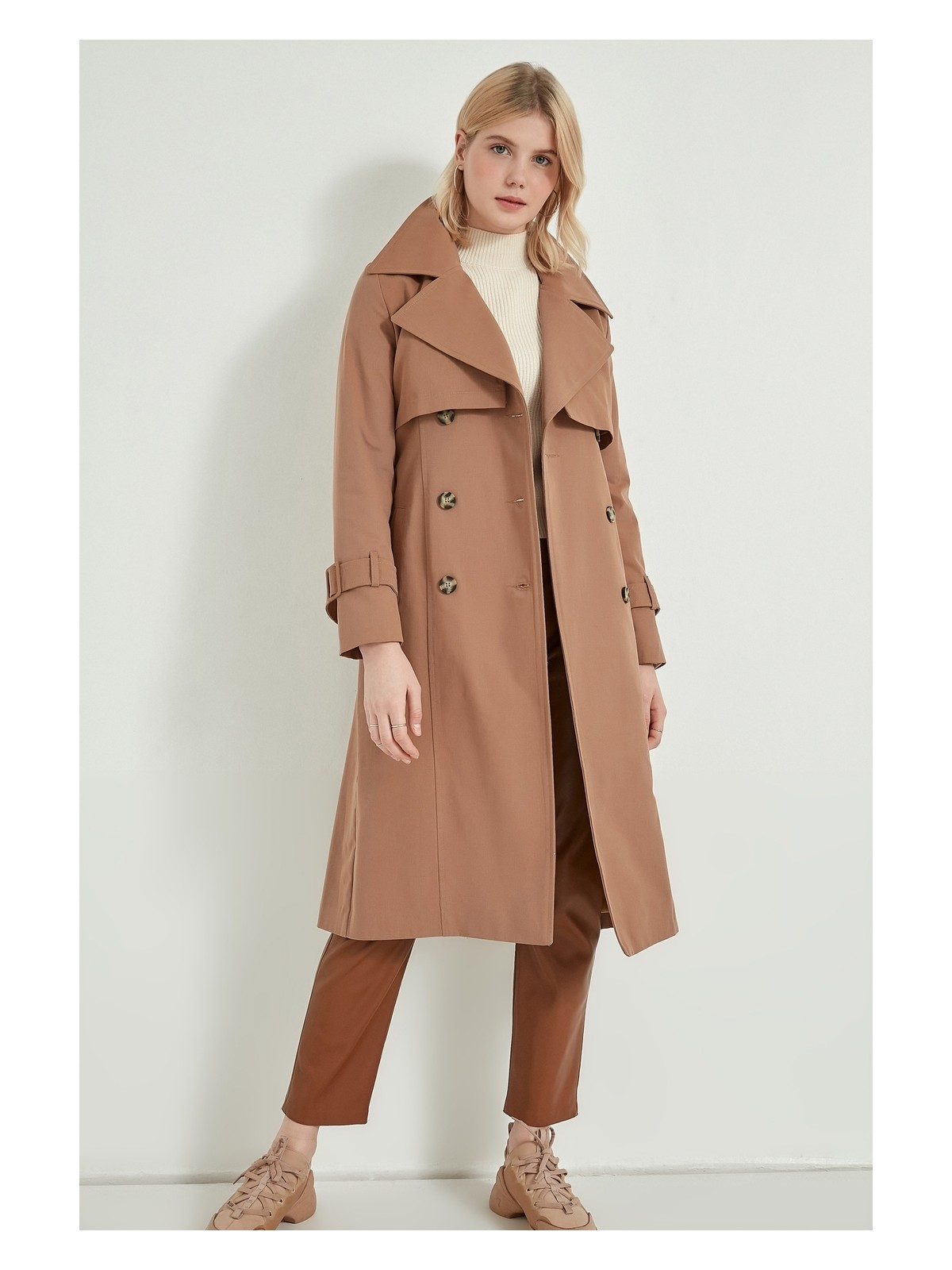 Pastelastore Pamuk Gabardin Uzun Kruvaze Trençkot