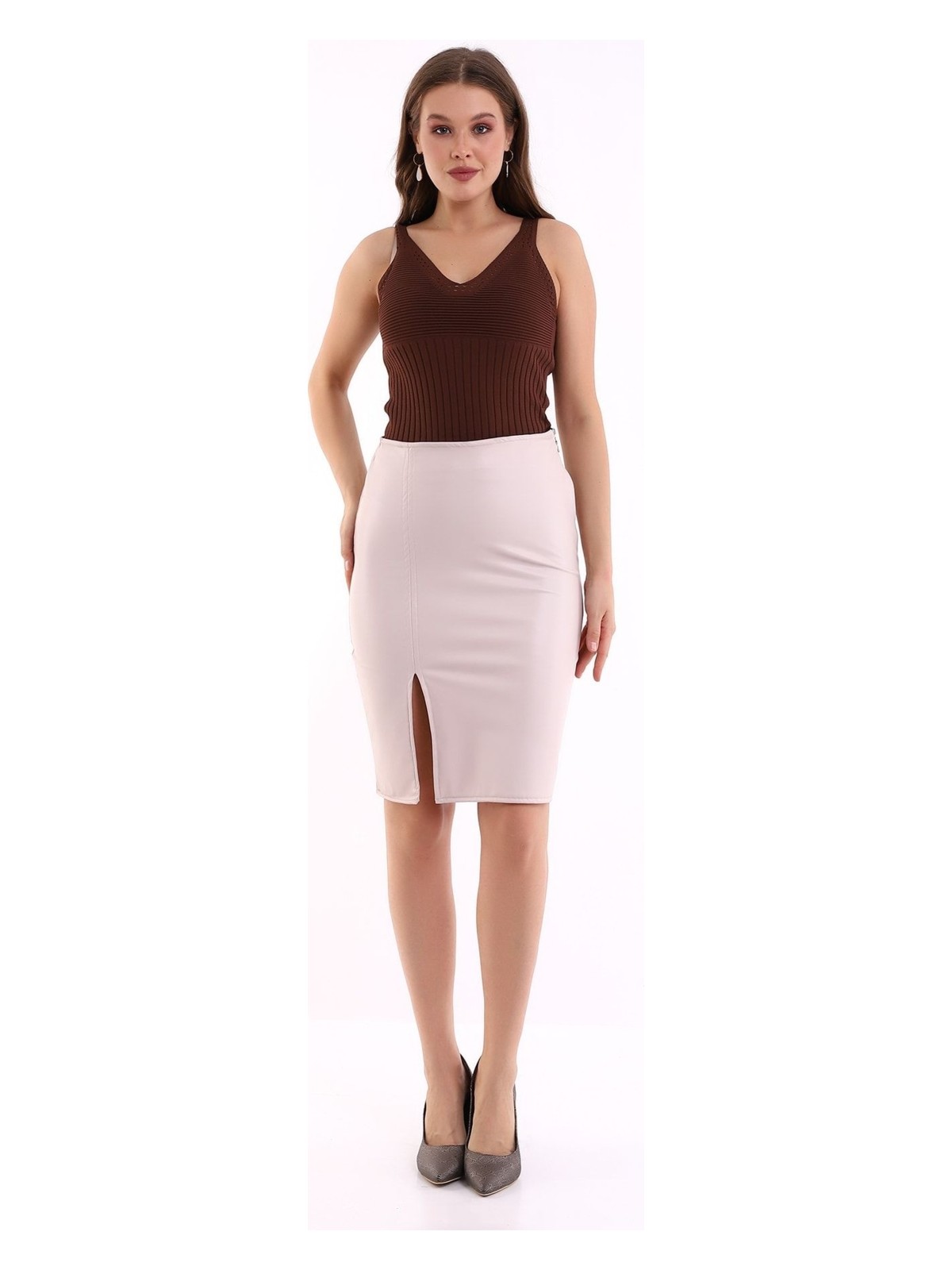 Win Moda Deri Etek Yırtmaçlı