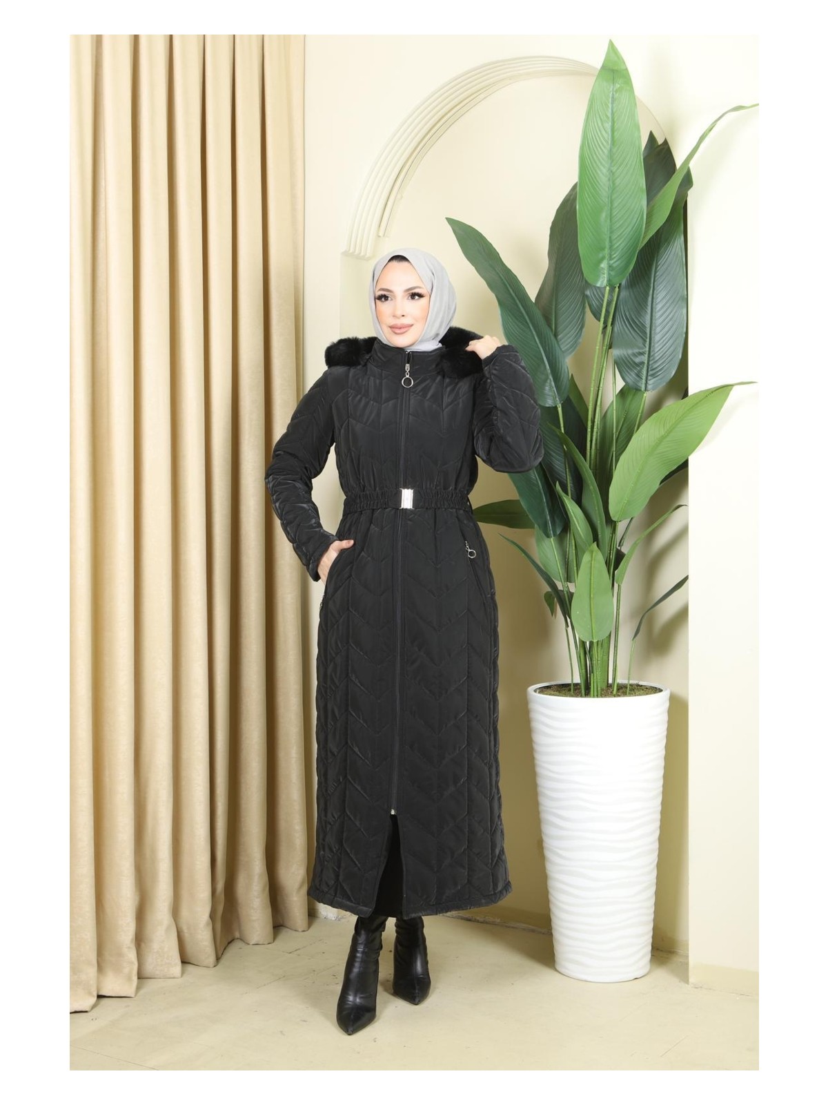 Nadide Kadın Büyük Beden Nova Kumaş Içi Astarlı Kapüşonlu Tam Boy Genç Kapitone Mont - Görsel 4