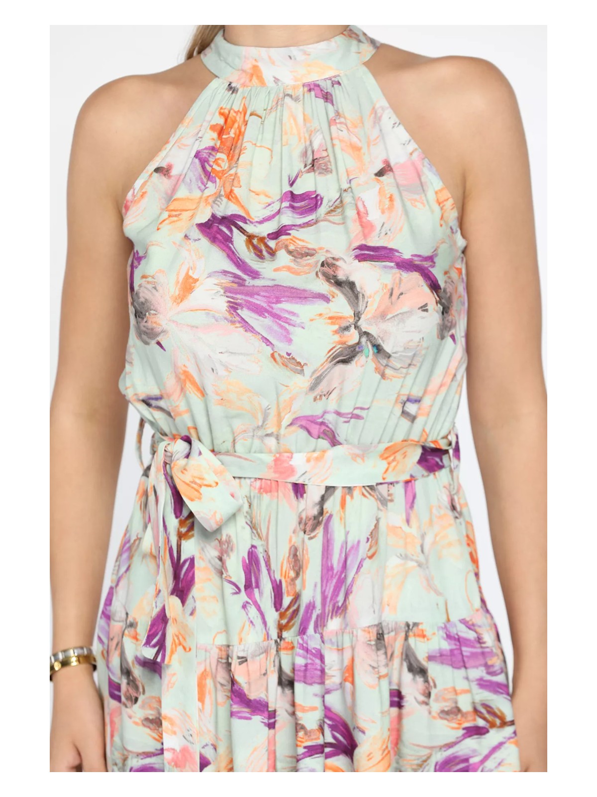 Gülseli Su Yeşili Desenli Bel Kuşaklı Viskon Elbise Kolsuz Şık Tasarım Özel Olaylar İçin - Görsel 4