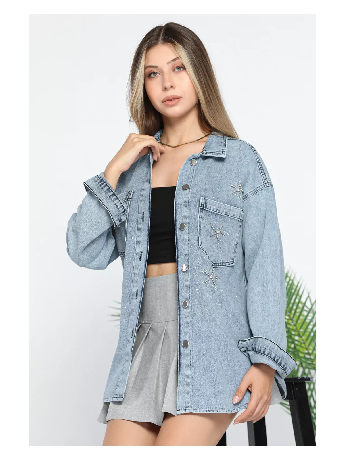Gülseli Çift Cepli Taşlı Kot Jean Ceket