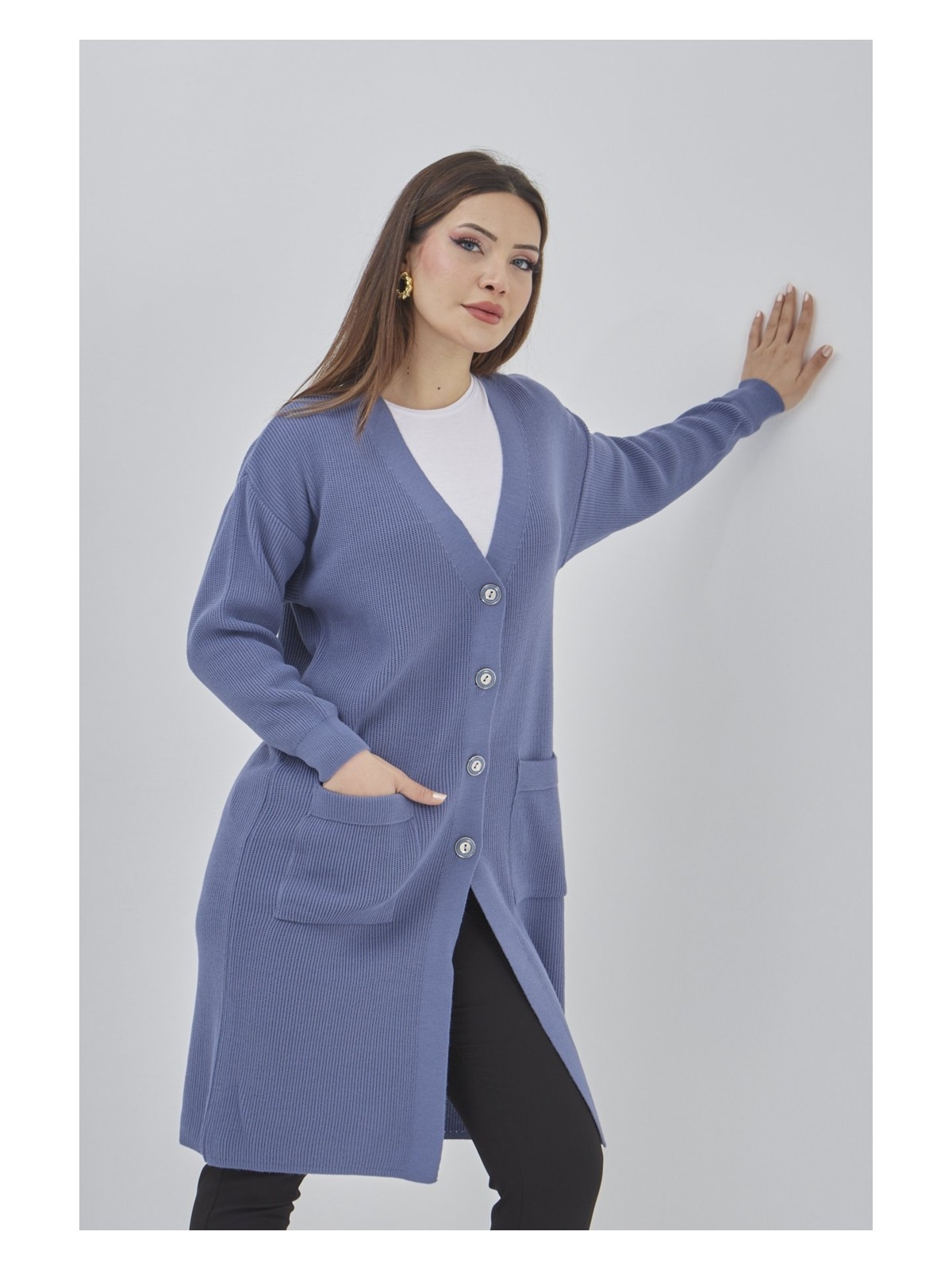 Fresh Moda Kadın Uzun Triko Mevsimlik Cepli Düğmeli Likralı Hırka