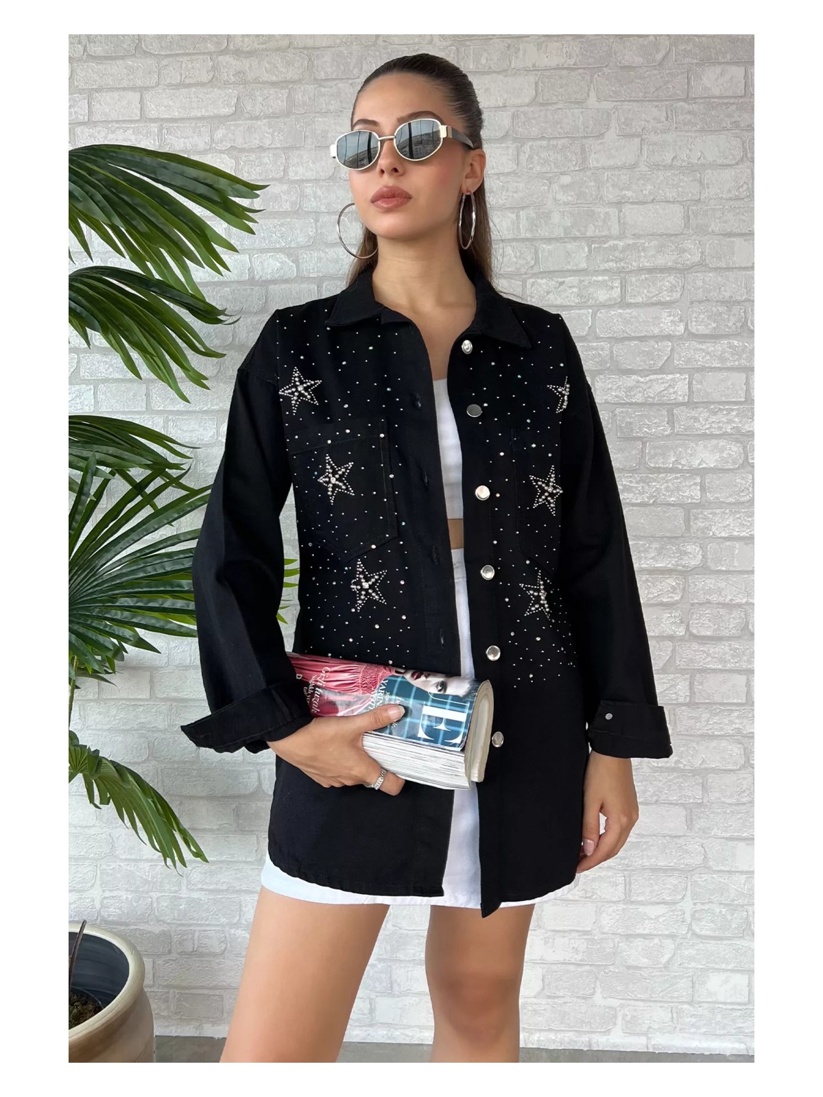 Gülseli Çift Cepli Taşlı Kot Jean Ceket - Görsel 5