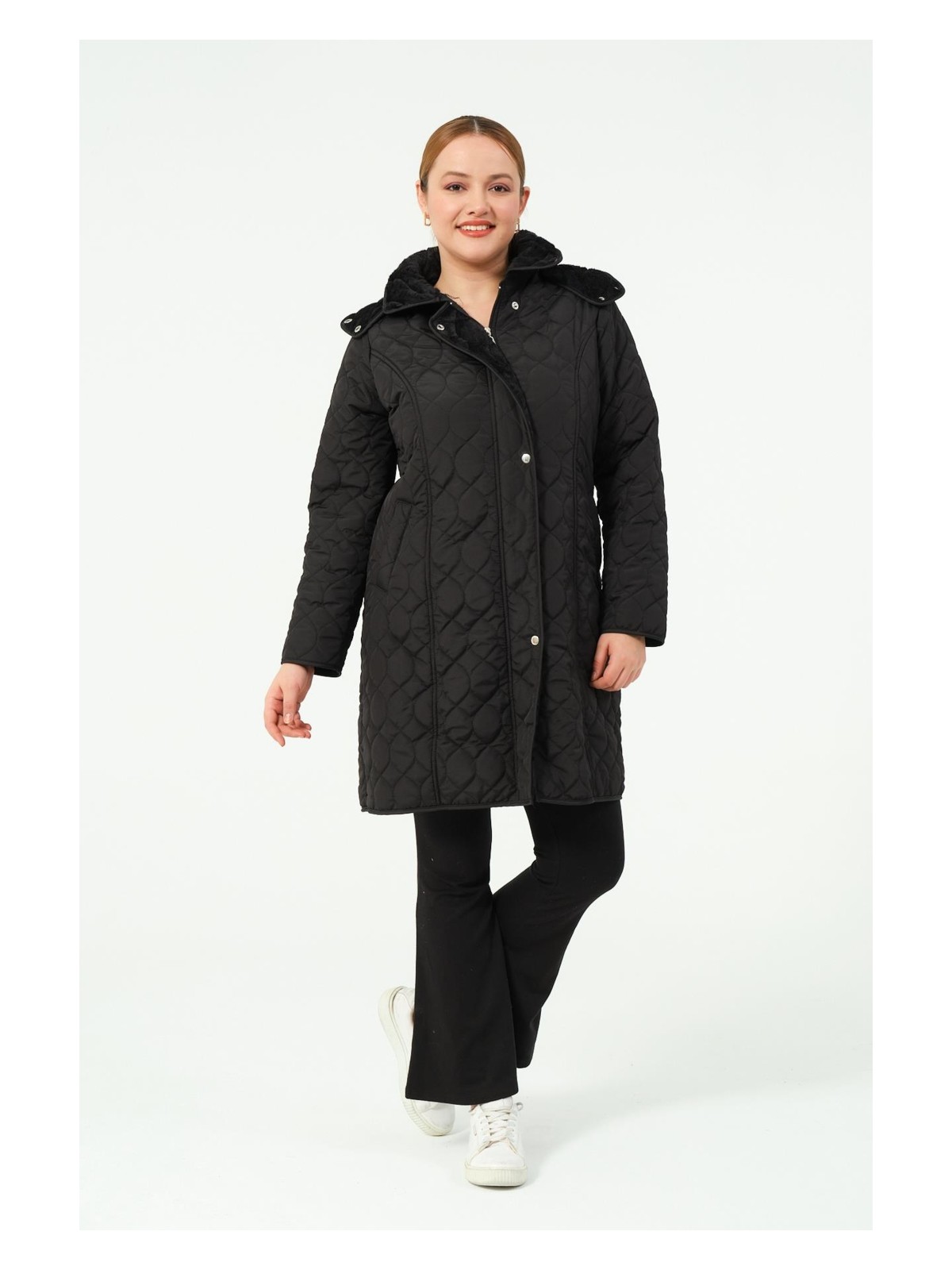 Ahunaz Büyük Beden Içi Tüylü Kapüşonlu Kapitone Mont - Görsel 5