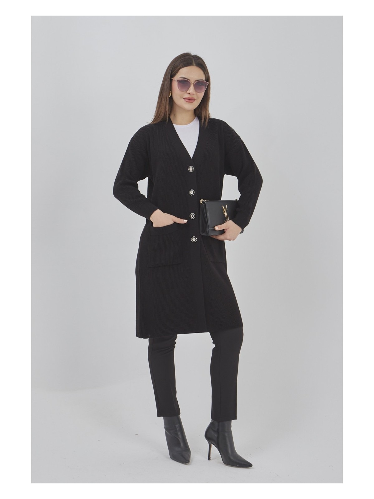 Fresh Moda Kadın Uzun Triko Mevsimlik Cepli Düğmeli Likralı Hırka - Görsel 3