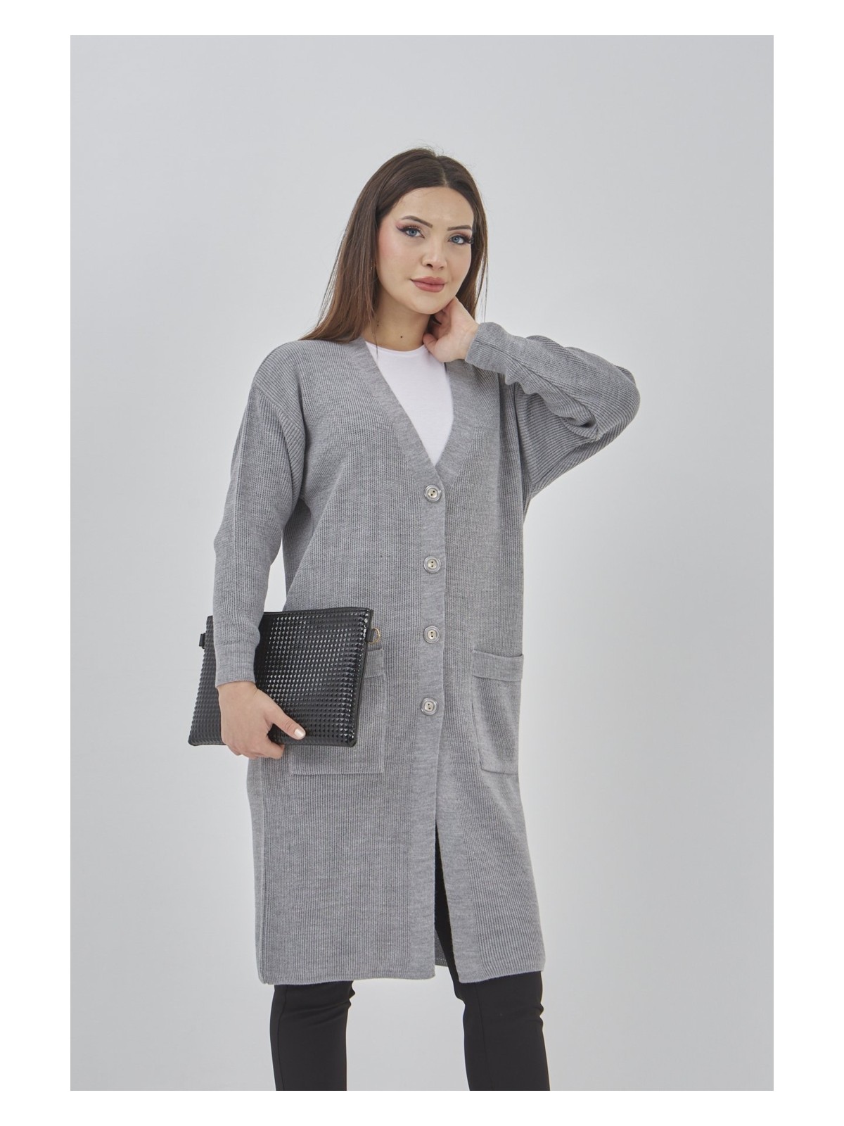 Fresh Moda Kadın Uzun Triko Mevsimlik Cepli Düğmeli Likralı Hırka - Görsel 4